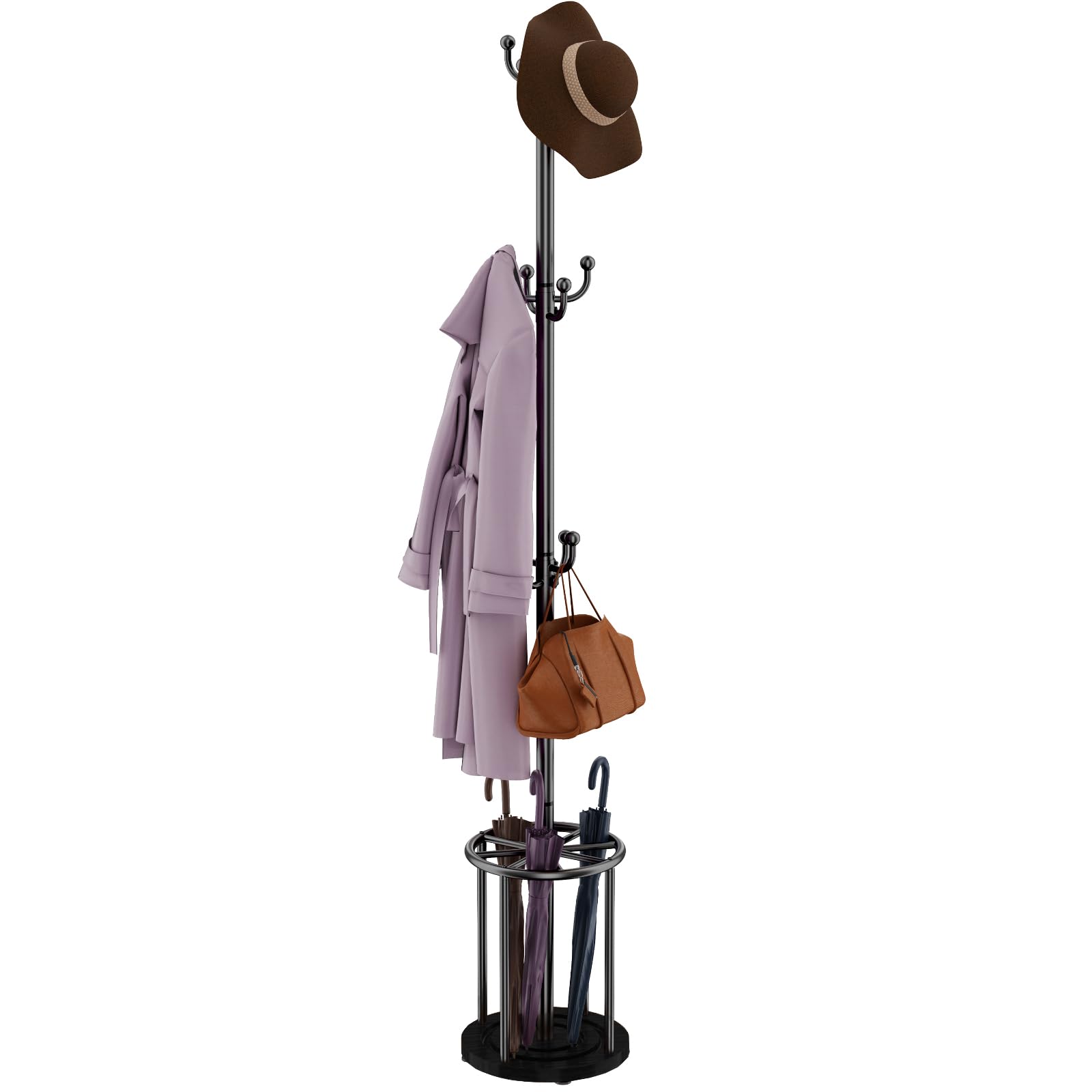 Front. Hirose Alice - Coat Rack Freestanding Stand With Umbrella Holder Tree Hanger 12 Hooks For Clothes Bag Hats In Bedroom - Black.
