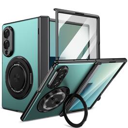 Dteck - Full Hinge Phone Case for Samsung Galaxy Z Fold8 with Tempered Glass Screen Protector,Rugge Ring Stand Hard PC Cover - Green