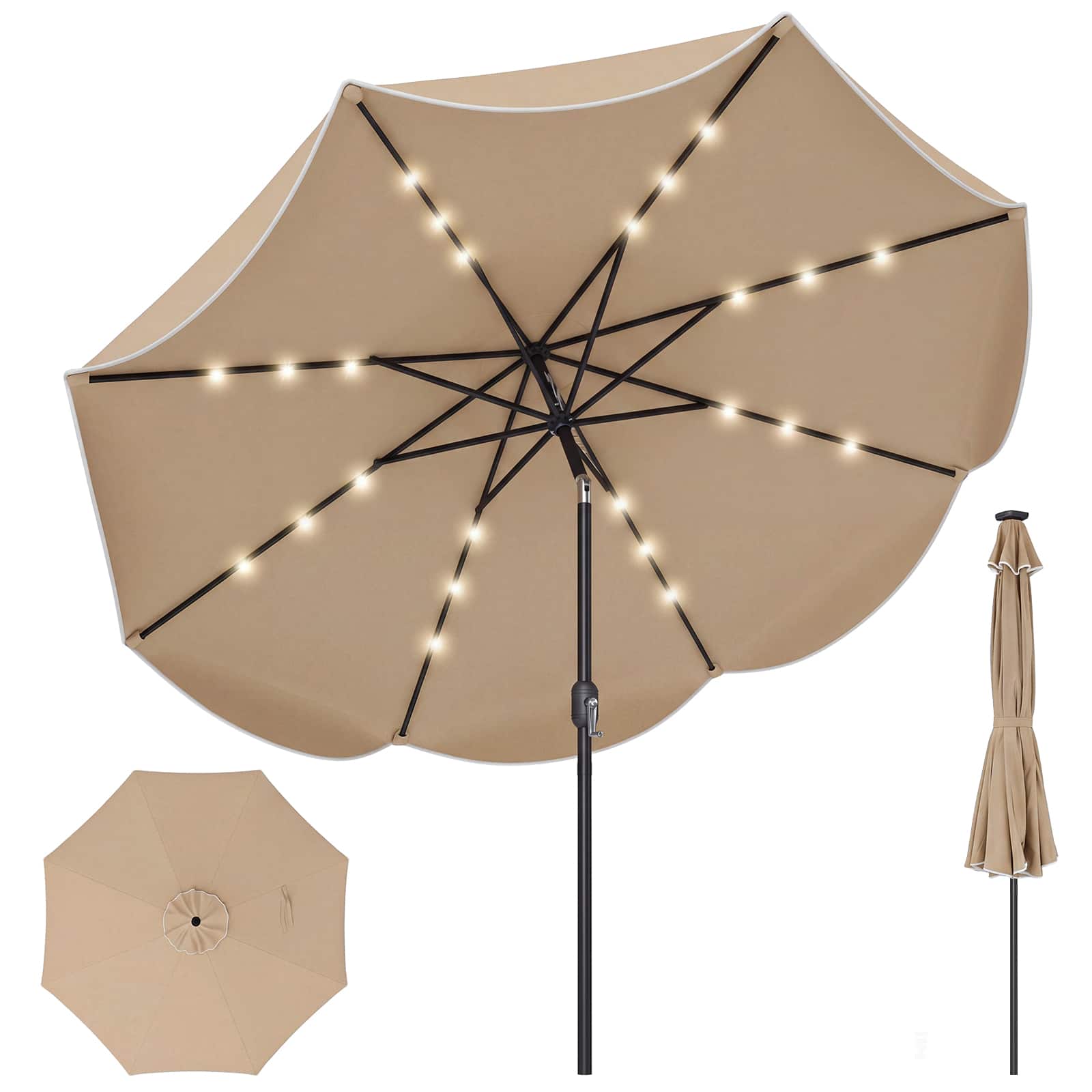 Gymax - 9 FT Scalloped Solar Patio Umbrella Market Table Umbrella w/ 24 LED Lights Tan - Brown price history on PriceWatchPro