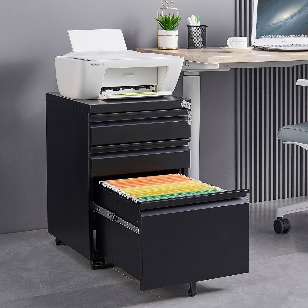 Left. Loheer - Loheer 3 Drawer Mobile File Cabinet Black Metal Rolling Cabinet with Lock for Legal Letter Size Under Desk.