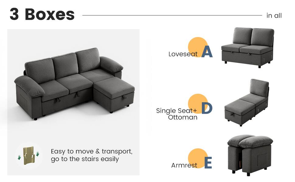 3 Boxes in all

Loveseat A

Single Seat+ Ottoman D

Armrest E

Easy to move & transport, go to the stairs easily