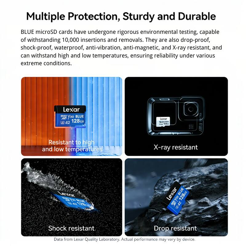 Multiple Protection, Sturdy and Durable

BLUE microSD cards have undergone rigorous environmental testing, capable of withstanding 10,000 insertions and removals. They are also drop-proof, shock-proof, waterproof, anti-vibration, anti-magnetic, and X-ray resistant, and can withstand high and low temperatures, ensuring reliability under various extreme conditions.

- Resistant to high and low temperatures
- X-ray resistant
- Shock resistant
- Drop resistant

Data from Lexar Quality Laboratory. Actual performance may vary by device.