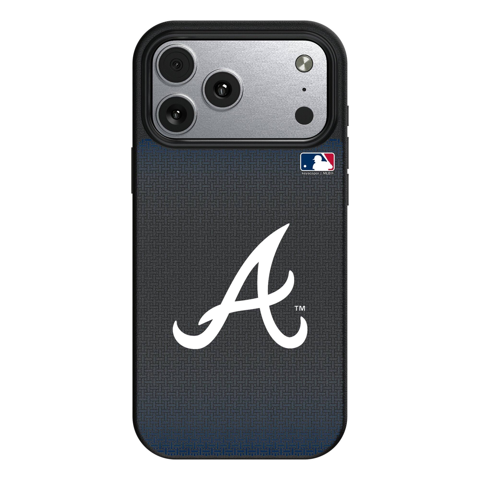 Front. Keyscaper - Atlanta Braves Linen Logo iPhone Magnetic Bump Case - 16 Plus - Black.