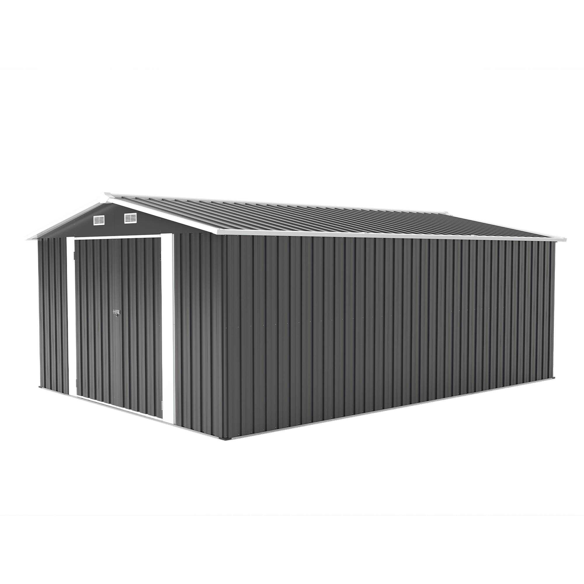 Alt View 6. Mondawe - 10×14 FT Outdoor Storage Shed with 3 Lockable Doors,4 Air Vents & Sloped Roof - Dark Gray.
