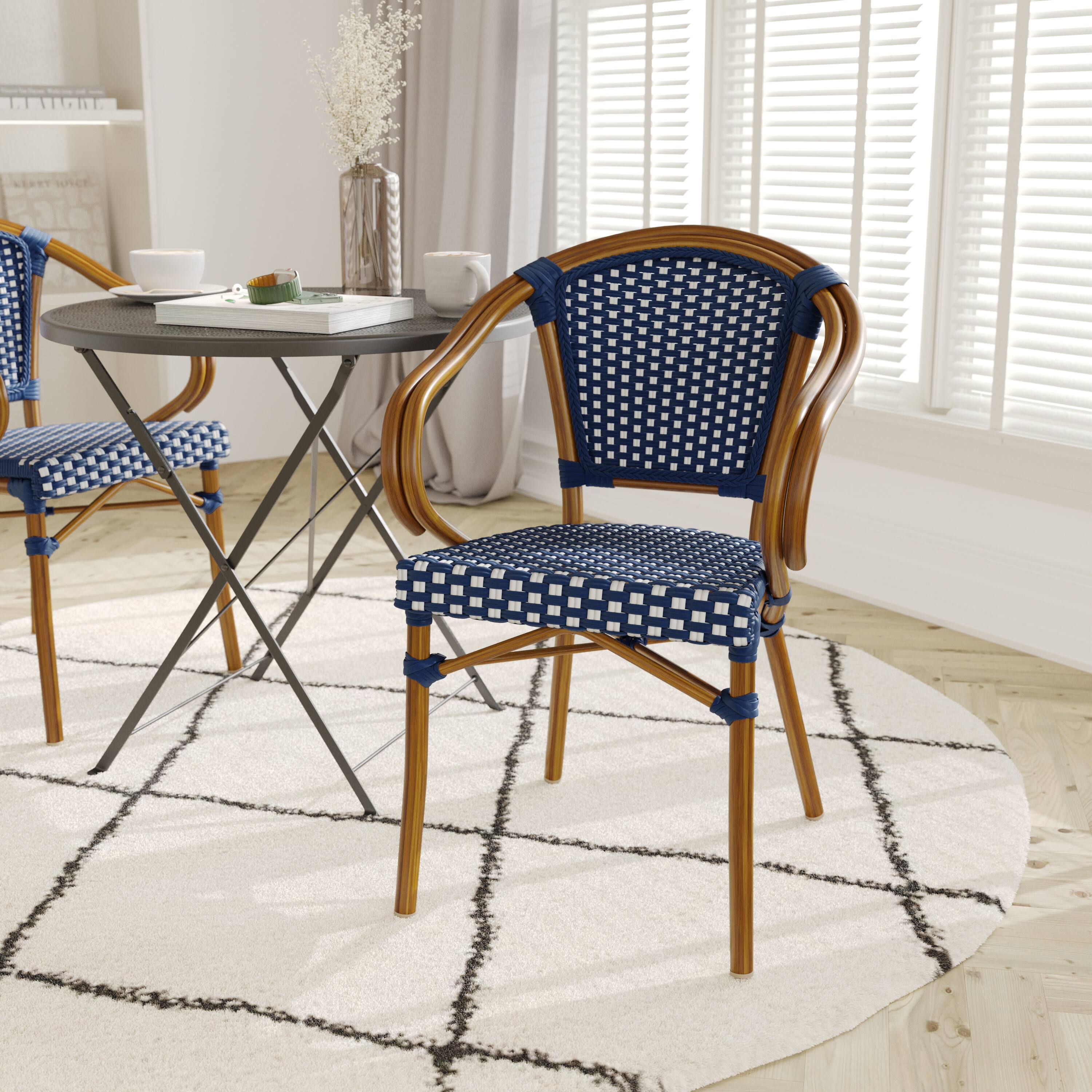 Alt View 2. Emma + Oliver - Colmar Set of Two Indoor/Outdoor Stacking Thonet Bistro Style Chairs with Arms, PE Rattan Seat and Metal Frame - Black & White/Black Frame.