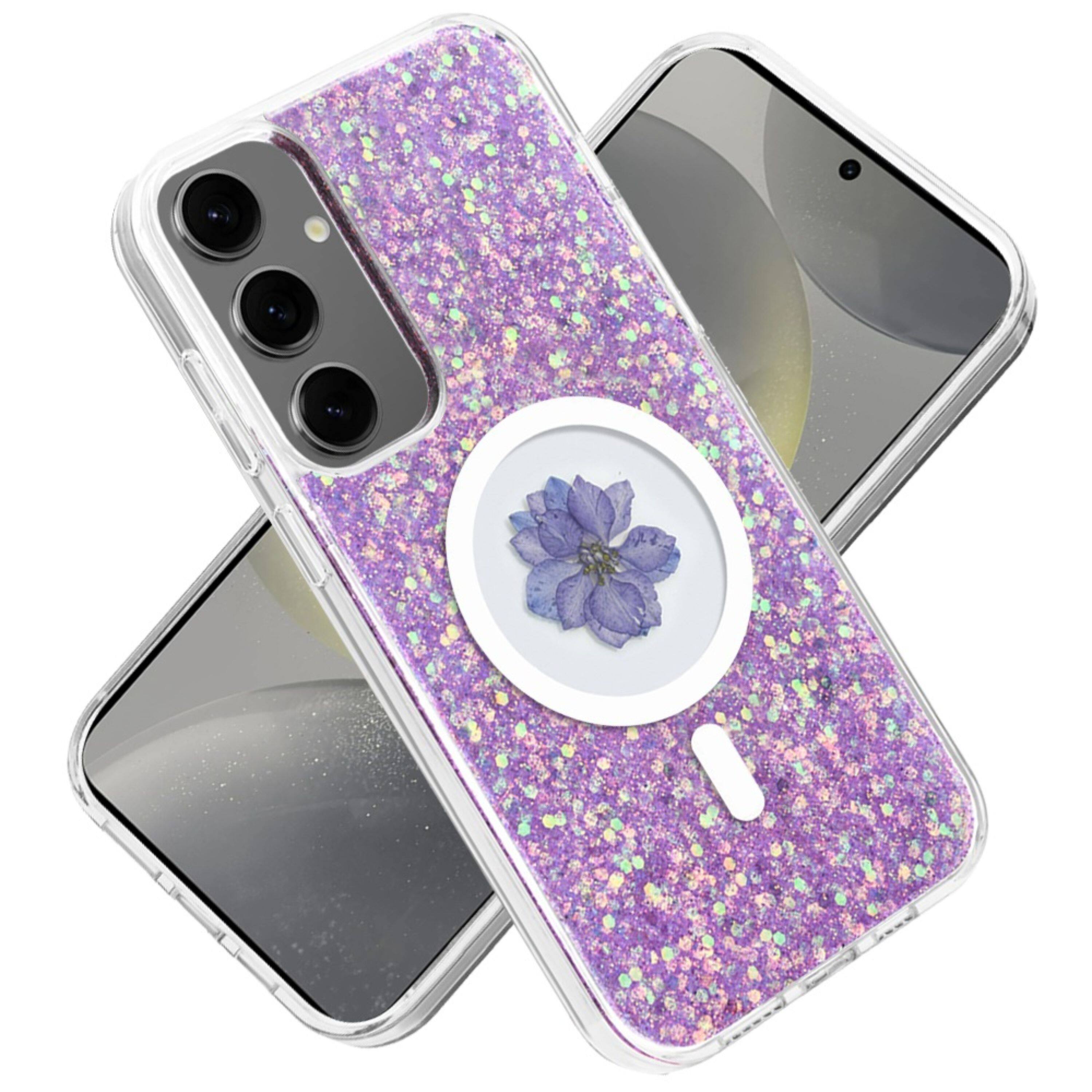 Angle. Kitcheniva - Pressed Flower Crystal Hybrid Case With Tempered Glass For Samsung S25 Plus/S24 Plus Light Purple - Light Purple.