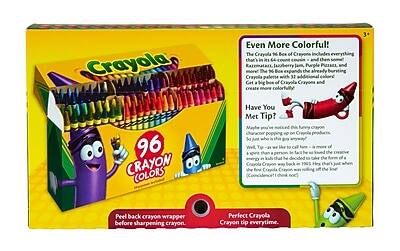 Crayola  
96 Crayon Colors  

Even More Colorful!  
The Crayola 96 Box of Crayons includes everything that's in its 64-count cousin - and then some! Raspberry, Lavender, Purple Pizzazz, and more! The 96 Box expands the already bursting Crayola palette with 32 additional colors to create more colorfully!  

Have You Met Tip?  
Maybe you've noticed this funny crayon character popping up on Crayola products. So just who is this guy anyway? Well, we like to call him - a more of a person, in fact - he's loved the creative spirit that he's been a part of since the first Crayola Crayon was rolling off the line! (Crayola Crayon tip, of course.)  

Peel back crayon wrapper before sharpening crayon.  

Perfect Crayola Crayon tip everytime.