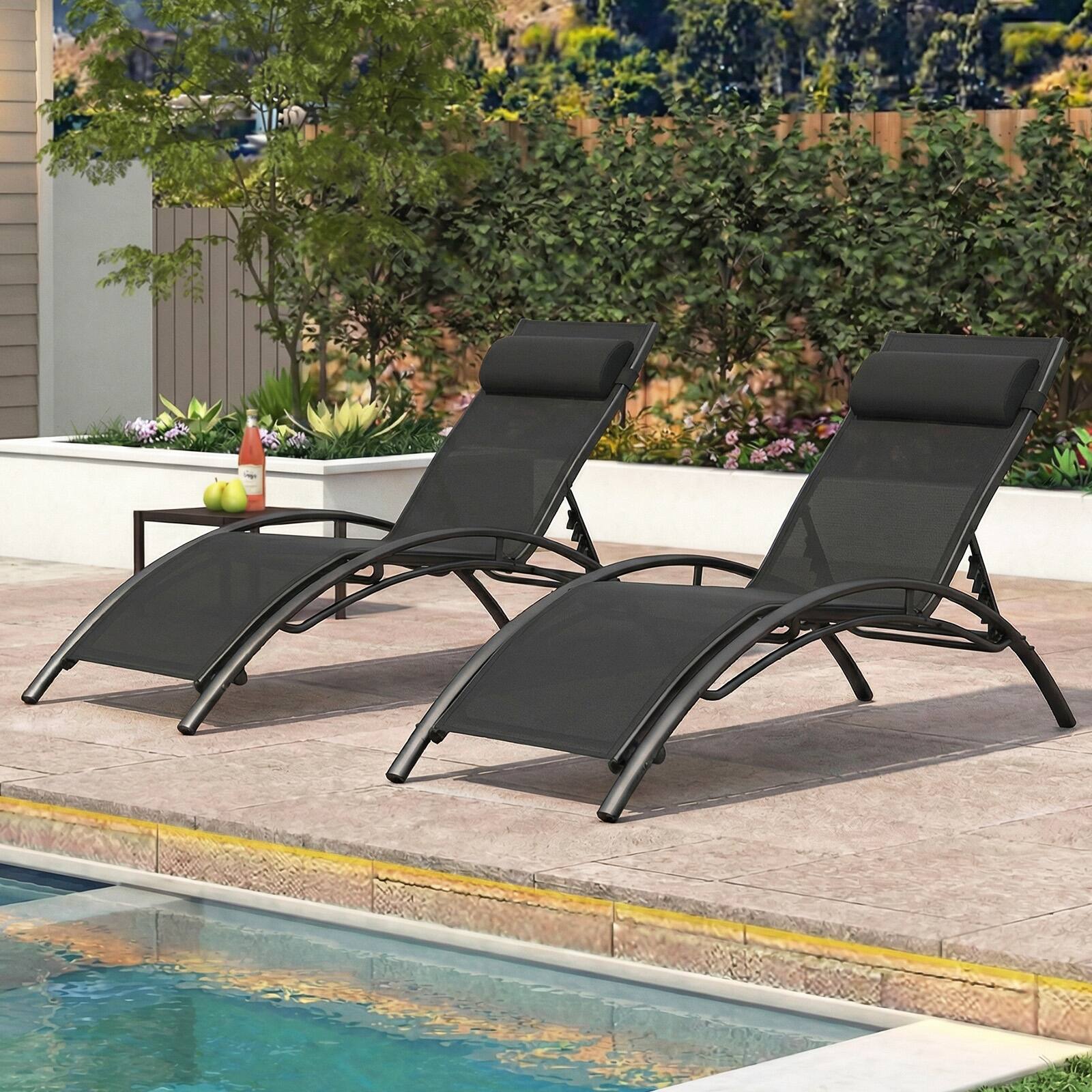 Alt View 1. Gymax - Gymax Patio Chaise Lounges Set of 2 w/5-Position Backrest & Breathable Seat Fabric Black - Black.