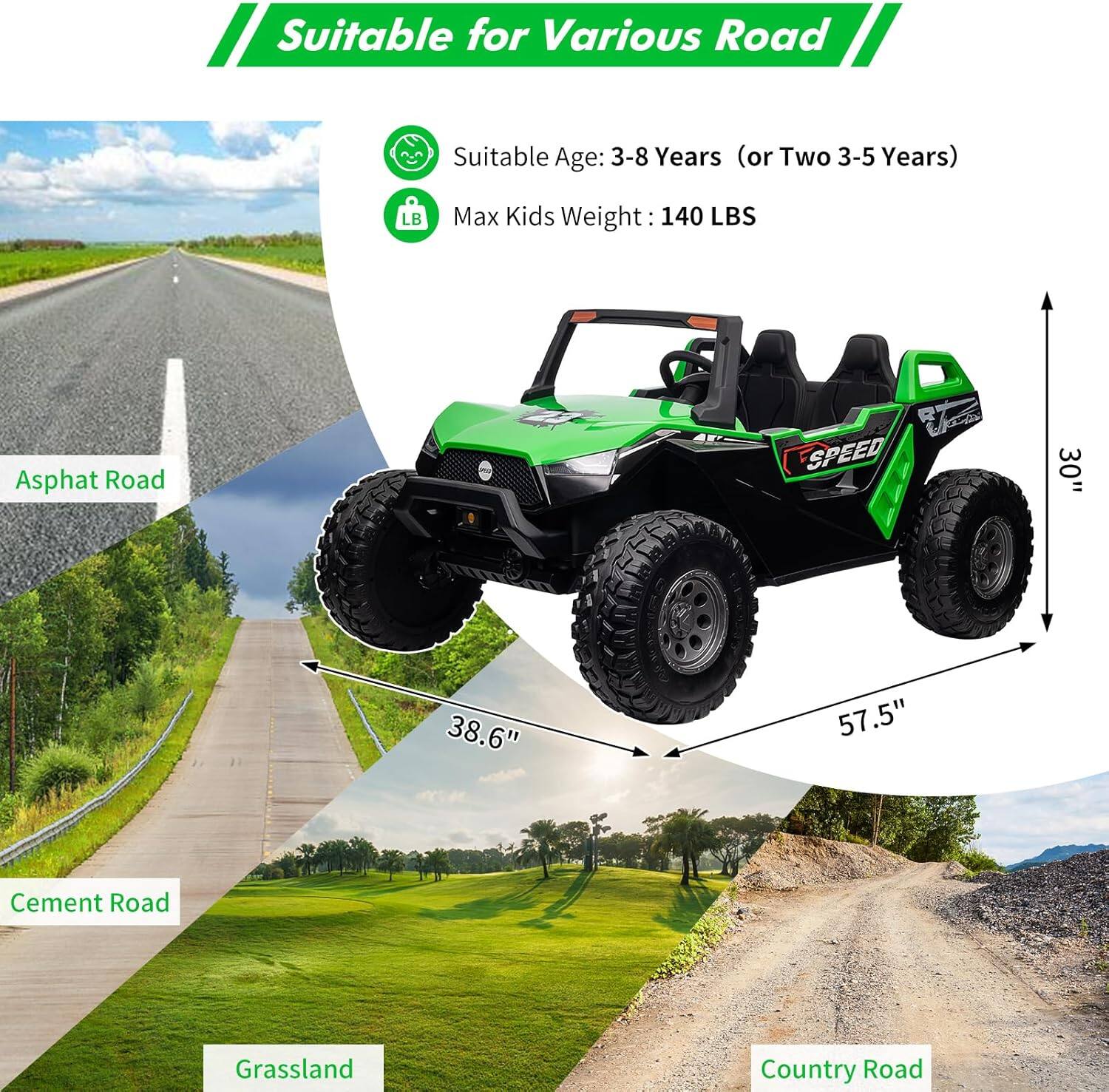 Suitable for Various Road

Age: 3-8 Years (or Two 3-5 Years)

Max Kids Weight: 140 LBS

Asphalt Road

Cement Road

Grassland

Country Road

30" x 38.6" x 57.5"