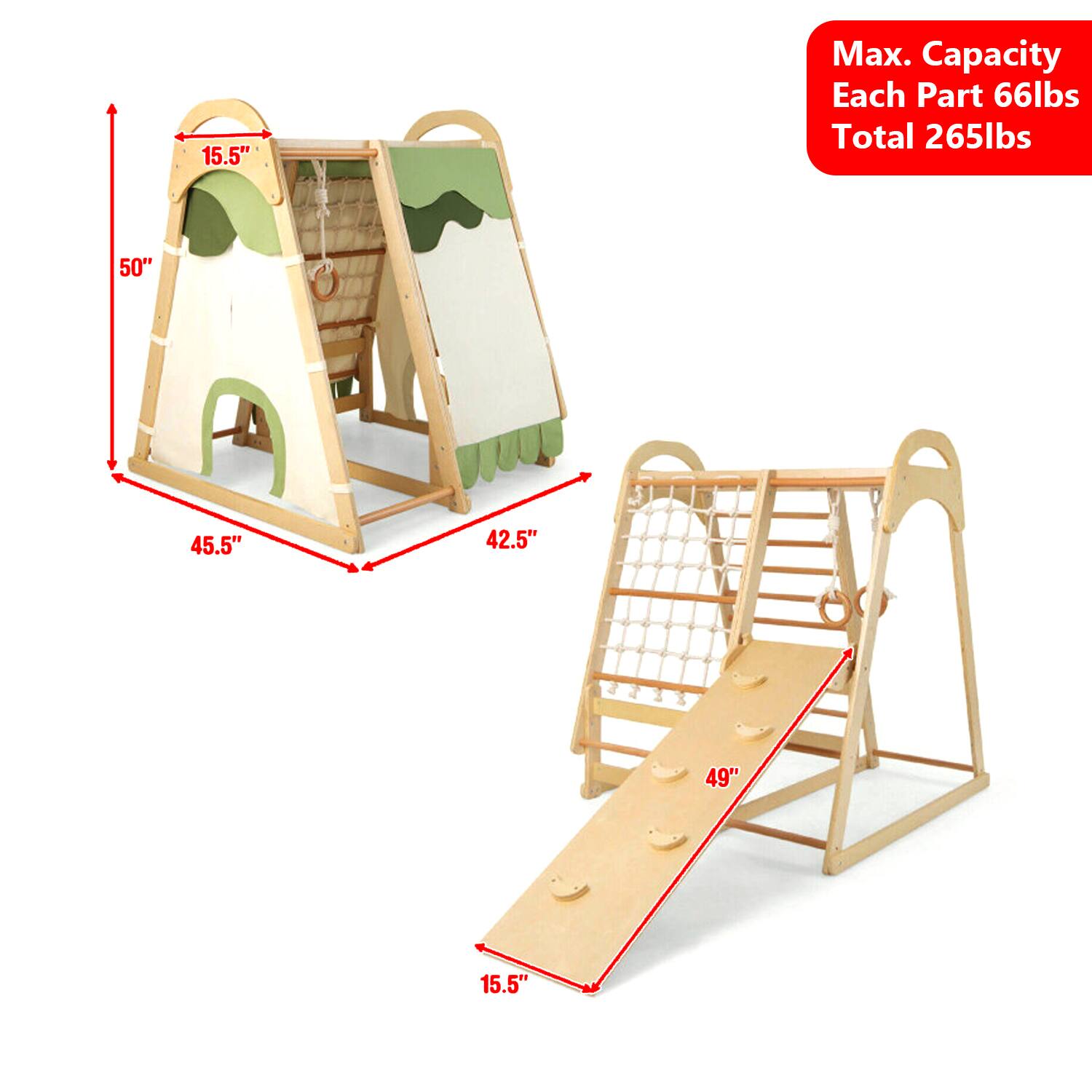 15.5" Max. Capacity Each Part 66lbs Total 265lbs  
50" 45.5" 42.5" 49" 15.5"