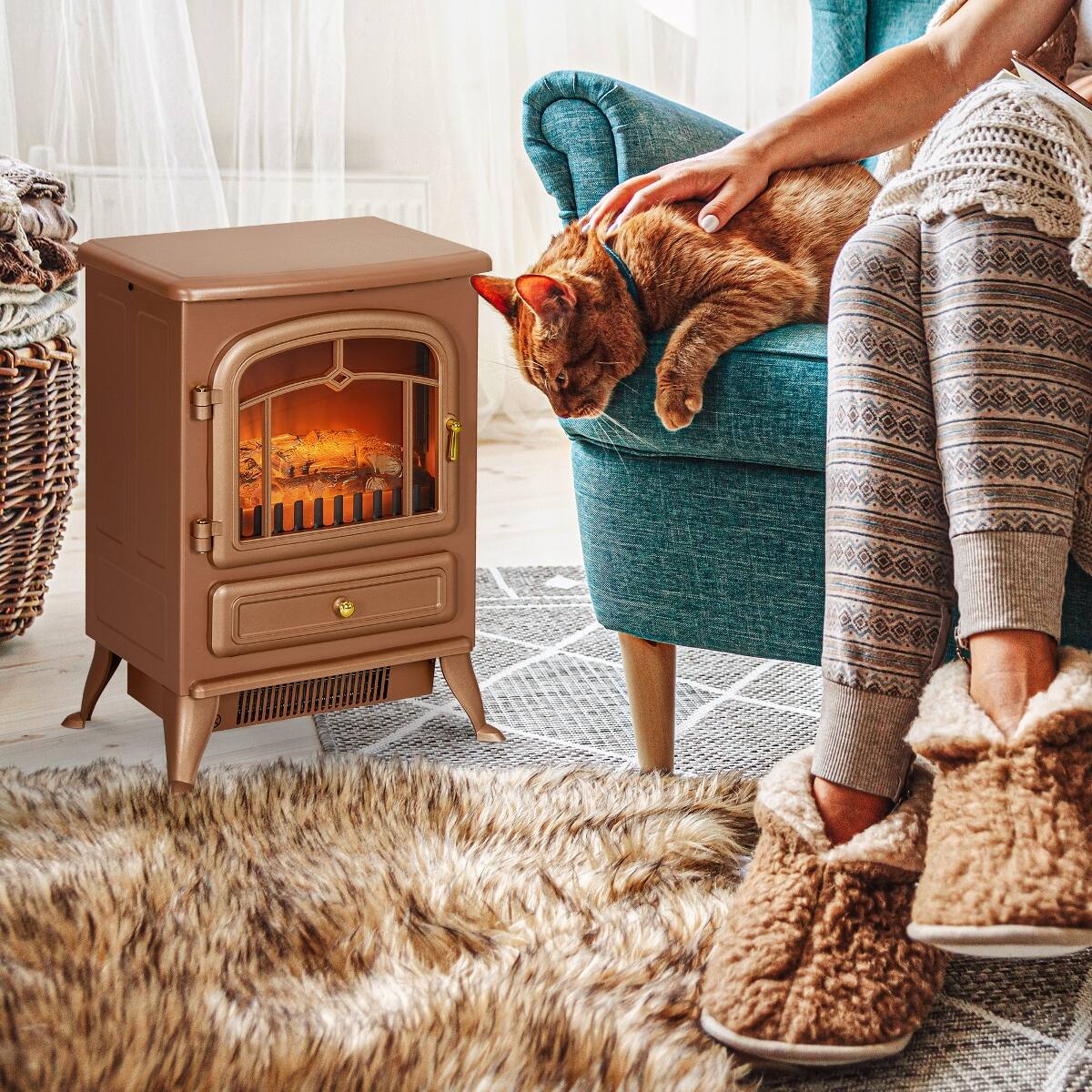 Alt View 3. Loheer - Loheer 22" Freestanding Electric Fireplace Stove with Realistic LED Flames and Logs, 750W/1500W, Dark Brown - Brown.