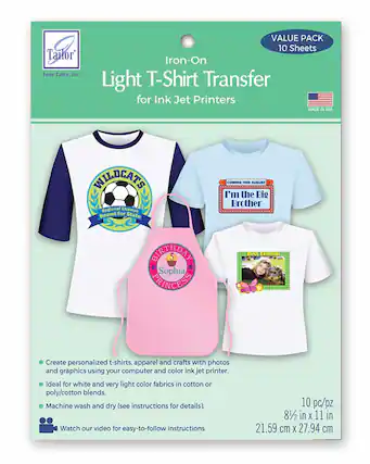 Tailor June Tailor, Inc.
VALUE PACK 10 Sheets
Iron-On Light T-Shirt Transfer for Ink Jet Printers
MADE IN USA
Create personalized t-shirts, apparel, and crafts with photos and graphics using your computer and color ink jet printer.
Ideal for white and very light color fabrics in cotton or poly/cotton blends.
Machine wash and dry (see instructions for details).
Watch our video for easy-to-follow instructions.
10 pc/pz
8½ in x 11 in
21.59 cm x 27.94 cm
- WILDCATS
Regional Champs
Bound for State
- COMING THIS AUGUST
I'm the Big Brother
- BIRTHDAY
5
Sophia
PRINCESS
- Best Friends