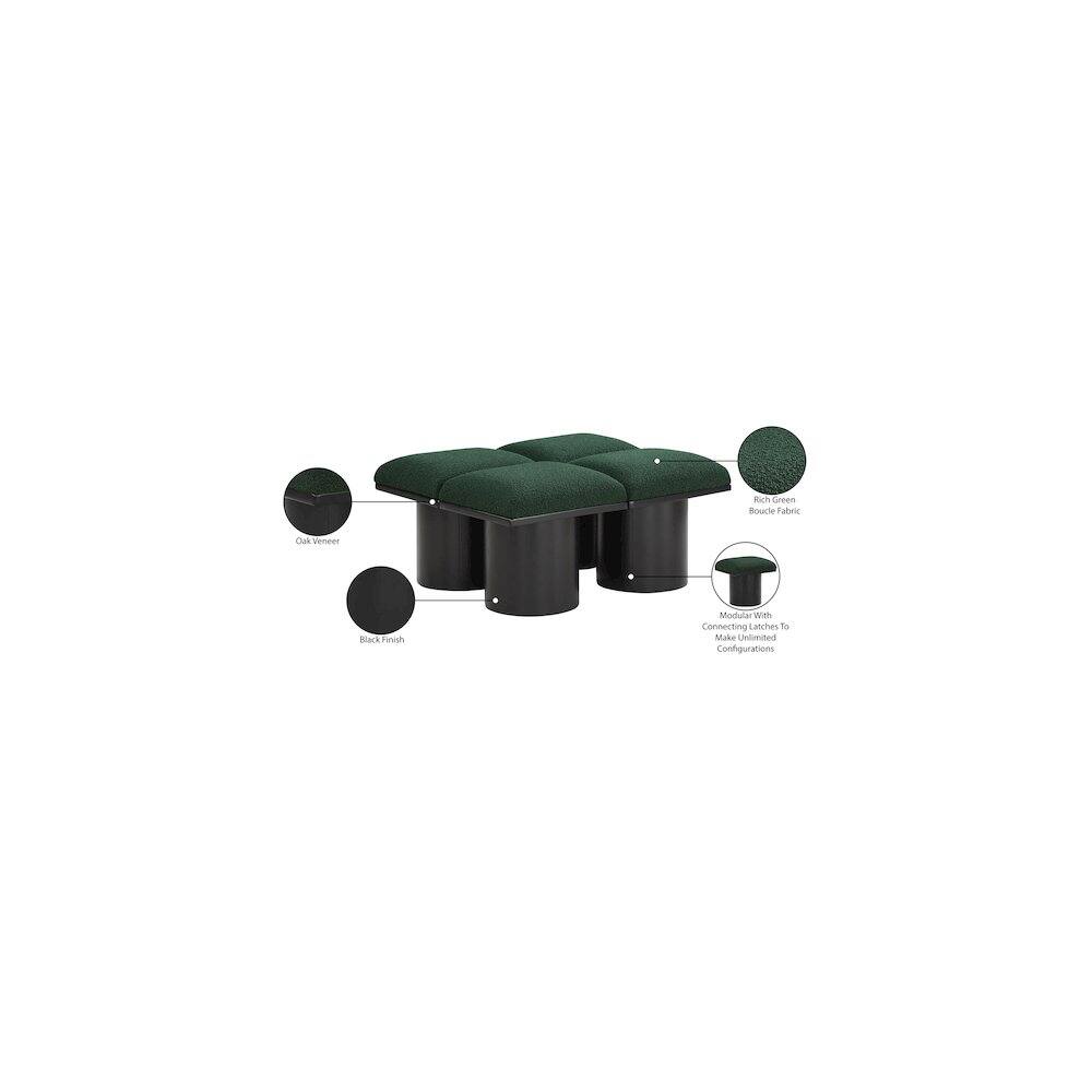 - Rich Green Boucle Fabric
- Black Finish
- Cushion with Black Winter
- Modular with Connecting Latches to Make Unlimited Configurations