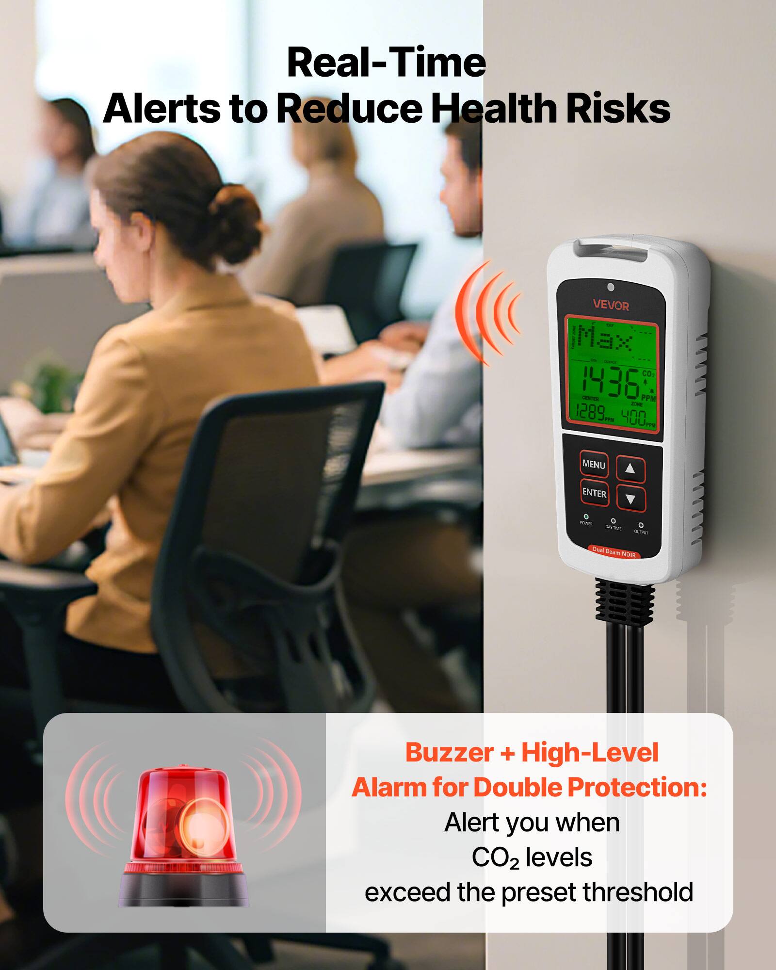 Real-Time Alerts to Reduce Health Risks

VEVOR Max CO 1436 -T PPM 1 - 1289 -. u n0U Jmy MENU ENTER man --S - - smn Pual Beam NOIE Buzzer + High-Level Alarm for Double Protection: Alert you when CO2 levels exceed the preset threshold