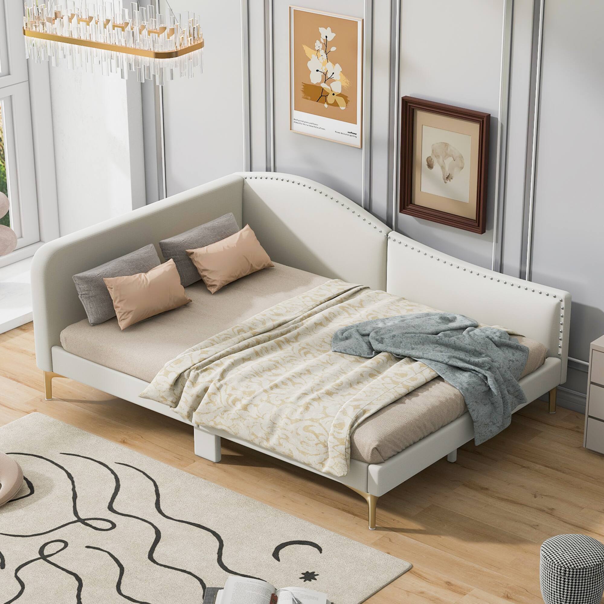 Alt View 1. GOODSILO - Full Size Upholstered Daybed with Headboard and Armrest, Support Legs - Beige.