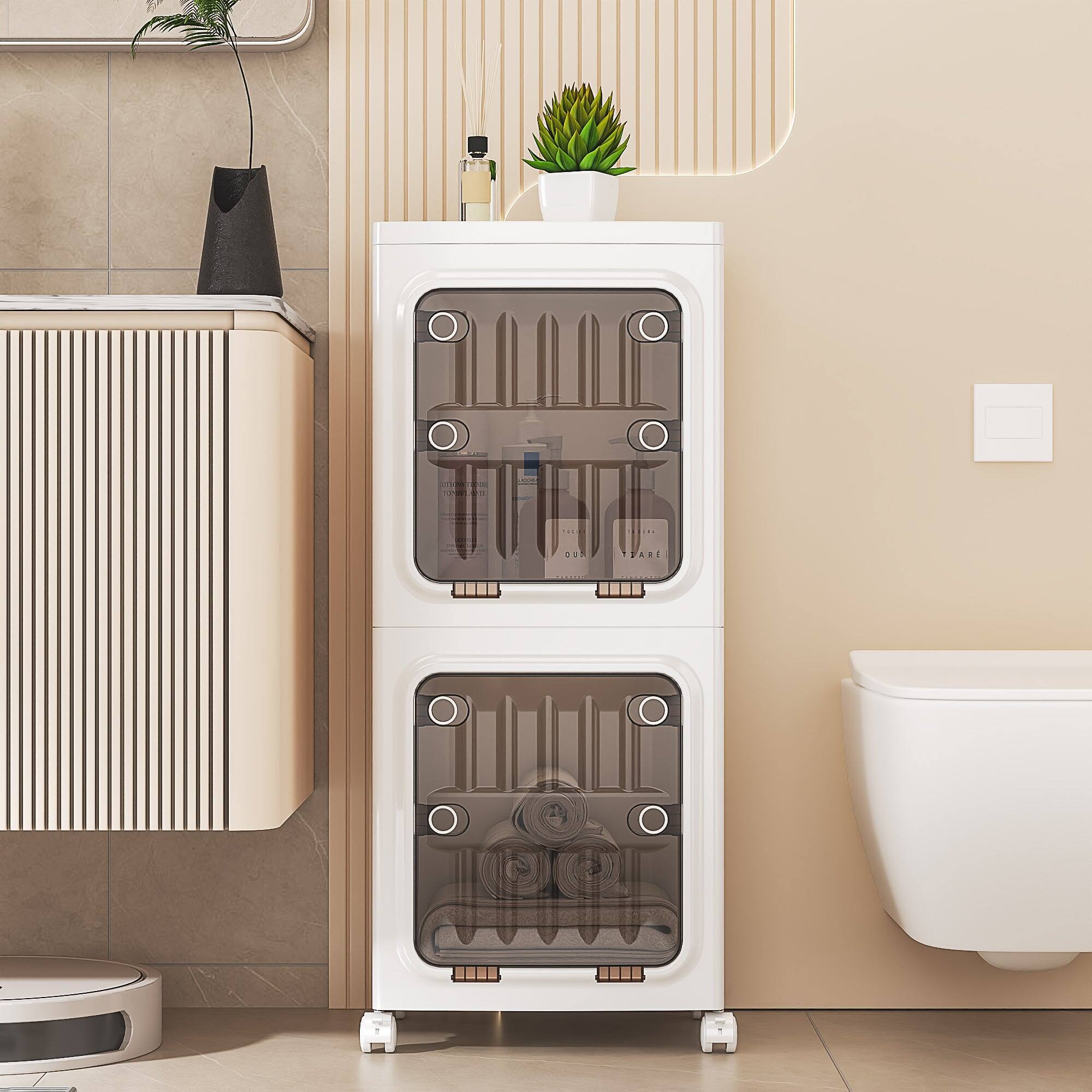 Back. Vecelo - 4-Tier Foldable Plastic Storage Cabinet with Transparent Doors and Wheels,Waterproof,Easy Snap-Together Assembly, White - 2-Tier.