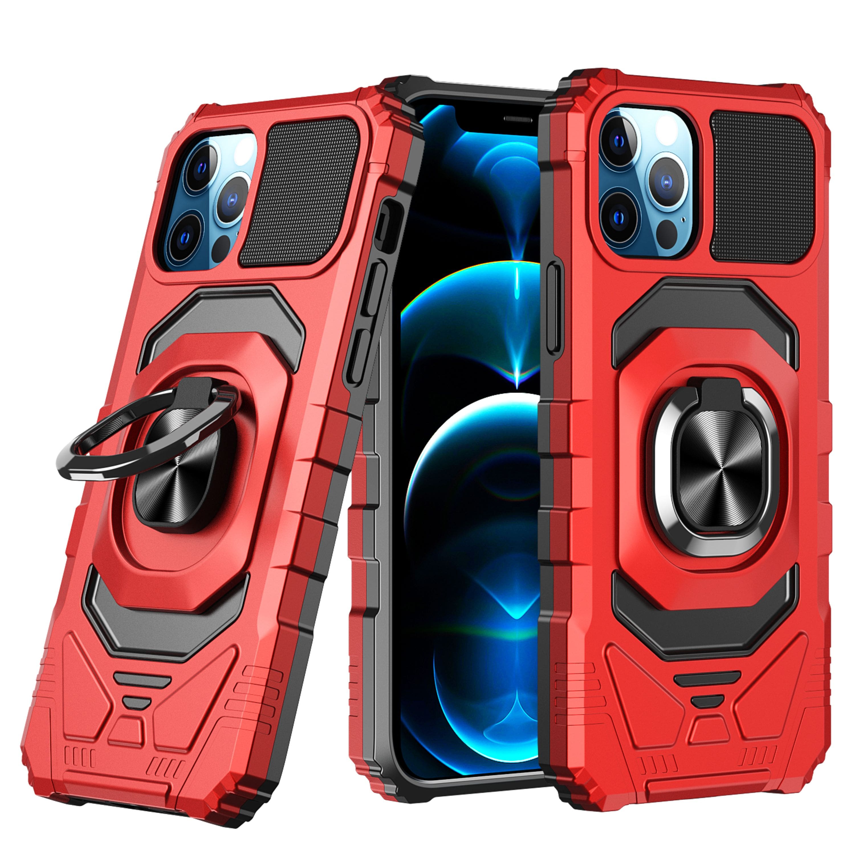 Kitcheniva - Case Shockproof Dual Layer Phone Case With Ring Stand Tempered Glass For iPhone 12 Pro Max - Red