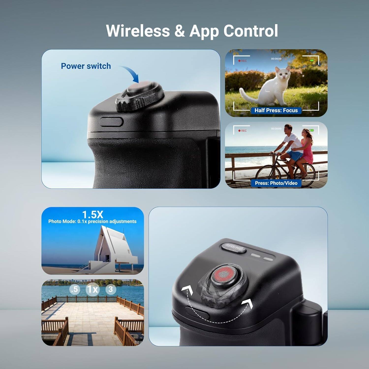 Wireless & App Control

Power switch

Half Press: Focus

Press: Photo/Video

1.5X Photo Mode: 0.1x precision adjustments

.5 1x 3