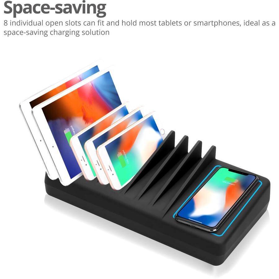 Space-saving  
8 individual open slots can fit and hold most tablets or smartphones, ideal as a space-saving charging solution