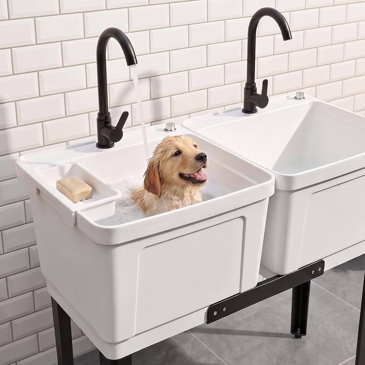 Alt View 3. Winado - Heavy-Duty Freestanding Utility Sink with Double Bowl & 2 Independent Stainless Steel Faucets for Garages, Laundry Rooms - White.