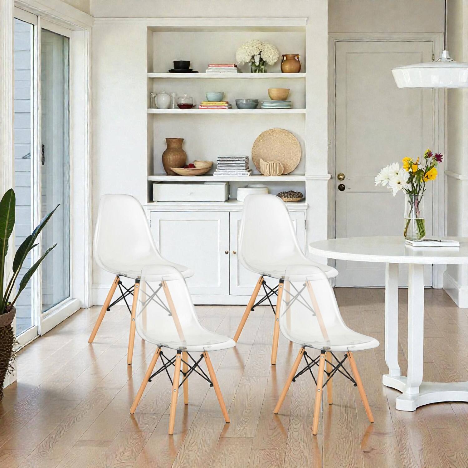 Front. Hivvago - Modern Transparent Seat Side Chairs, 4-Pack, with Elegant Wood Legs - Natural.
