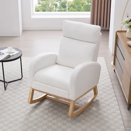 Front. Loheer - Loheer Teddy Fabric Nursery Rocking Chair with Adjustable Footstool White Leisure Rocker Solid Wood Base - White.