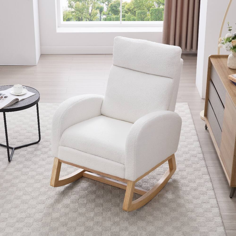 Front. Loheer - Loheer Teddy Fabric Nursery Rocking Chair with Adjustable Footstool White Leisure Rocker Solid Wood Base - White.
