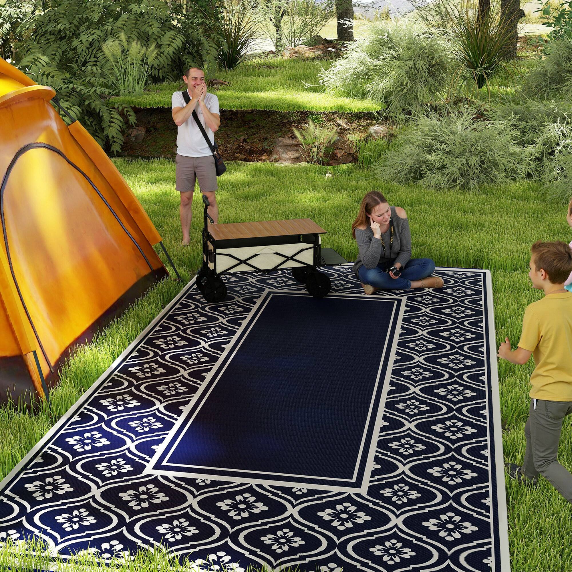 Alt View 1. Outsunny - Outdoor Rug for Patio, 9' x 18' Waterproof Large Mat, Reversible Plastic Straw Rug for Décor - Blue and White Gourd Border.