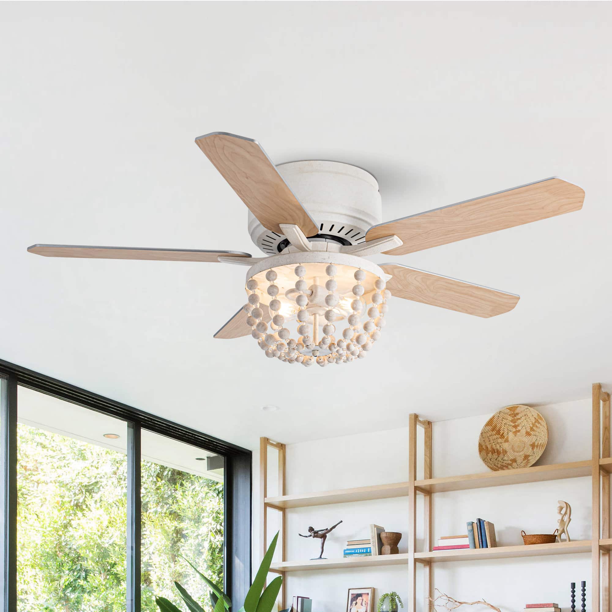 Parrot Uncle - 48" Modern Wood Beads Reversible Blades Flush Mount Ceiling Fan with Light and Remote - Weathered Vintage White