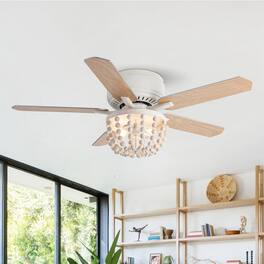 Parrot Uncle - 48" Modern Wood Beads Reversible Blades Flush Mount Ceiling Fan with Light and Remote - Weathered Vintage White