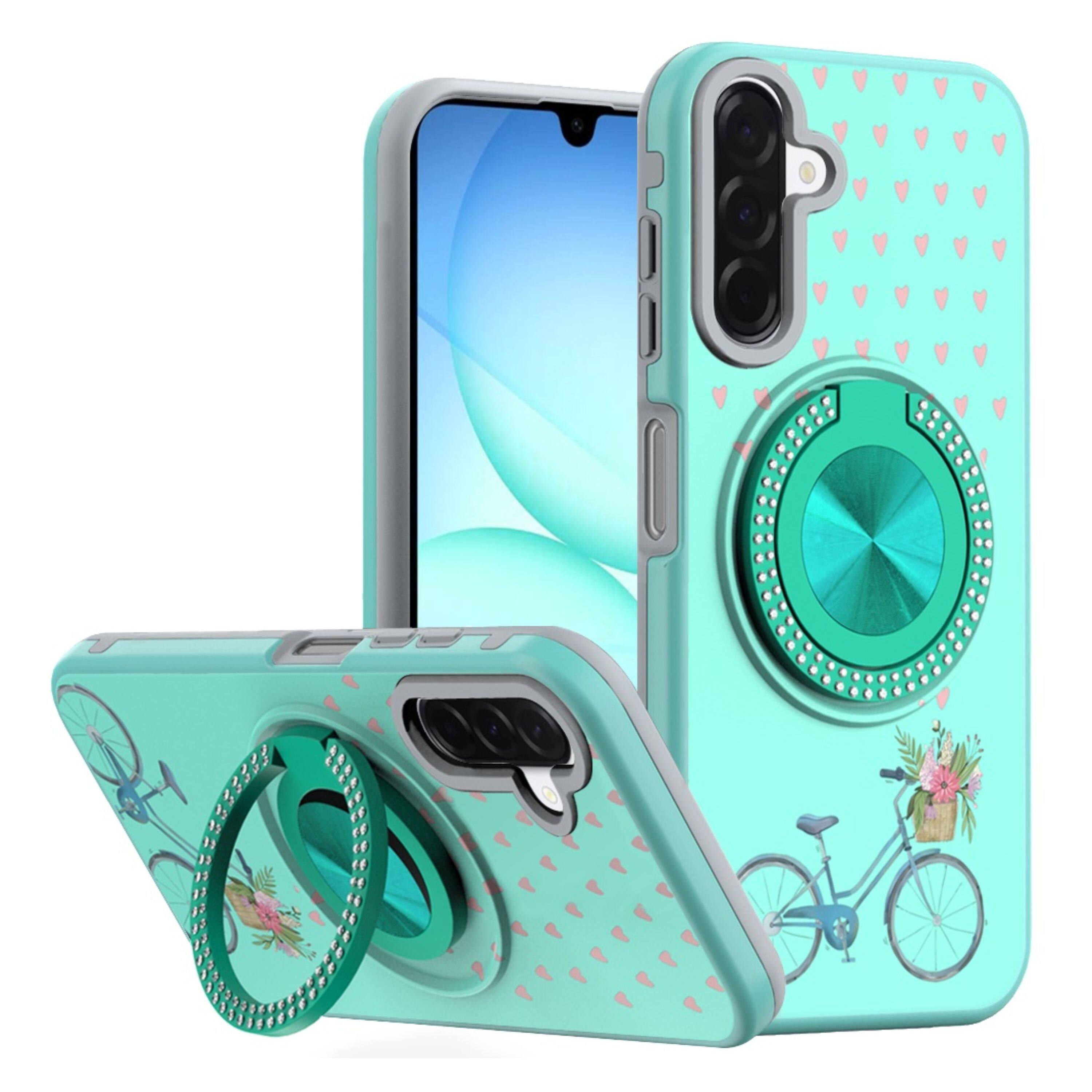 Front. Kitcheniva - Printed Design Case With 360 Rotating Stand Tempered Glass For Samsung Galaxy A17 5G Teal Bicycle - Multicolor.