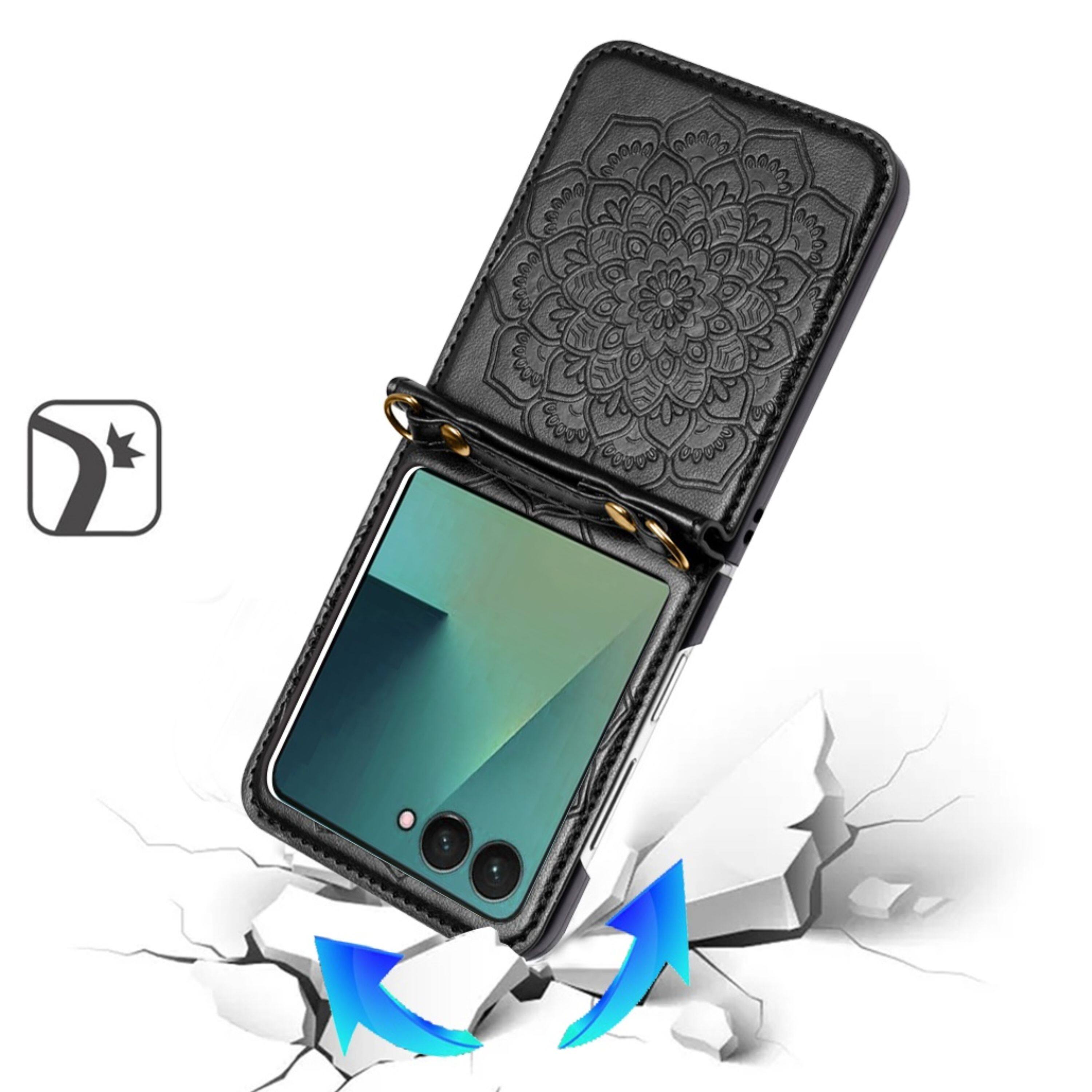 Left. Kitcheniva - Embossed Design Vegan Leather Case With Tempered Glass For Samsung Galaxy Z Flip7 Black - Black.