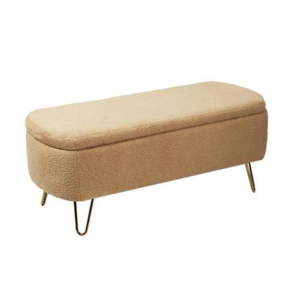Front. HTUTWOO - Storage Ottoman Bench for Bedroom - Faux Fur Upholstered Bench with Gold Legs, Padded Storage Bench for Living Room - Camel.