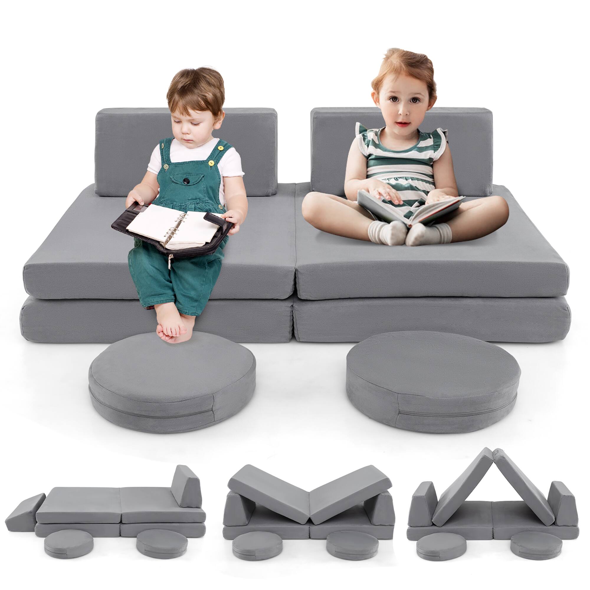 Front. Gymax - Gymax 6PCS Modular Kids Foam Play Couch Set w/Washable Covers Sectional Play Sofa - Gray.