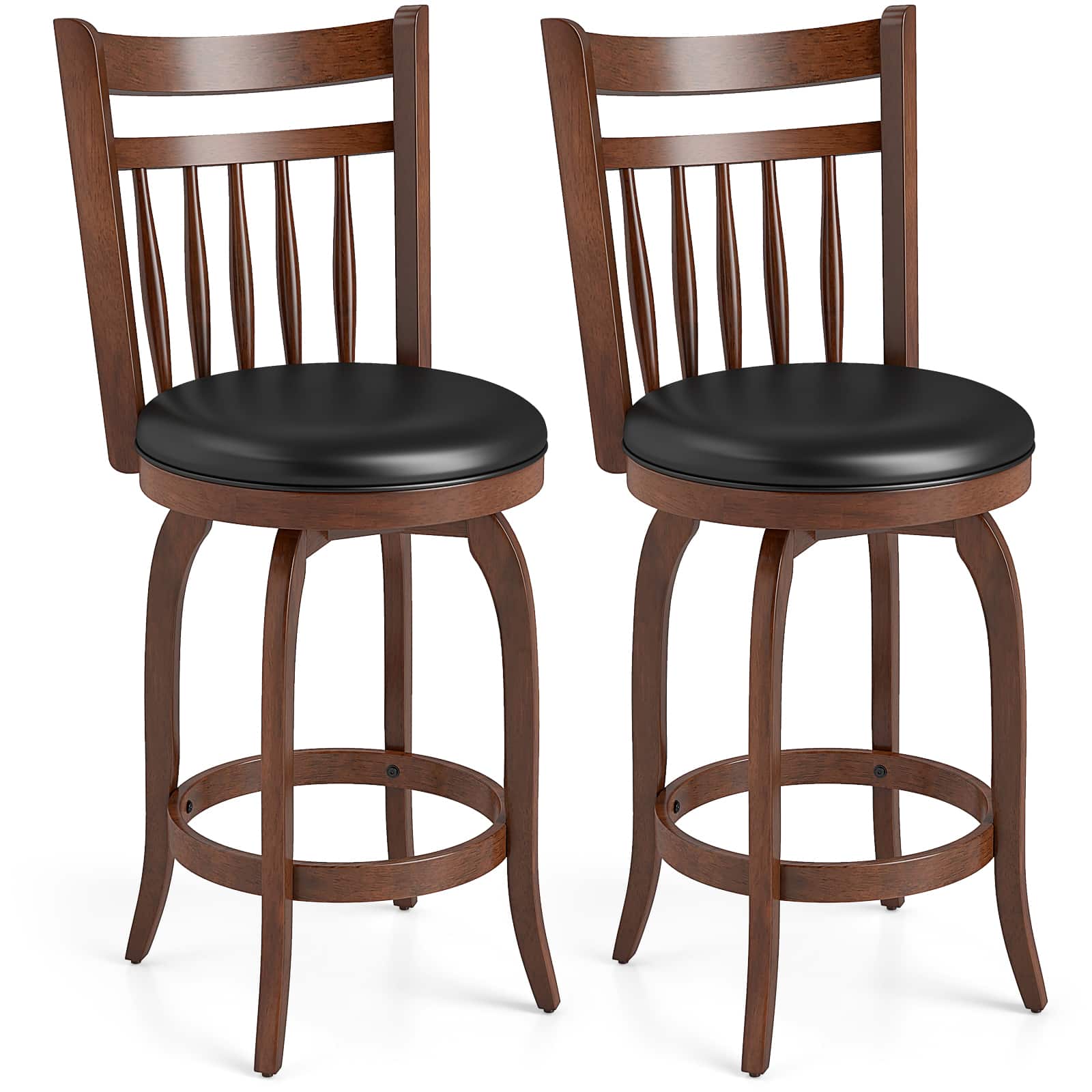 Costway - 24" Swivel Bar Stools Set of 2 with Backs, Solid Wood Legs & Footrest for Home Bar - Expresso