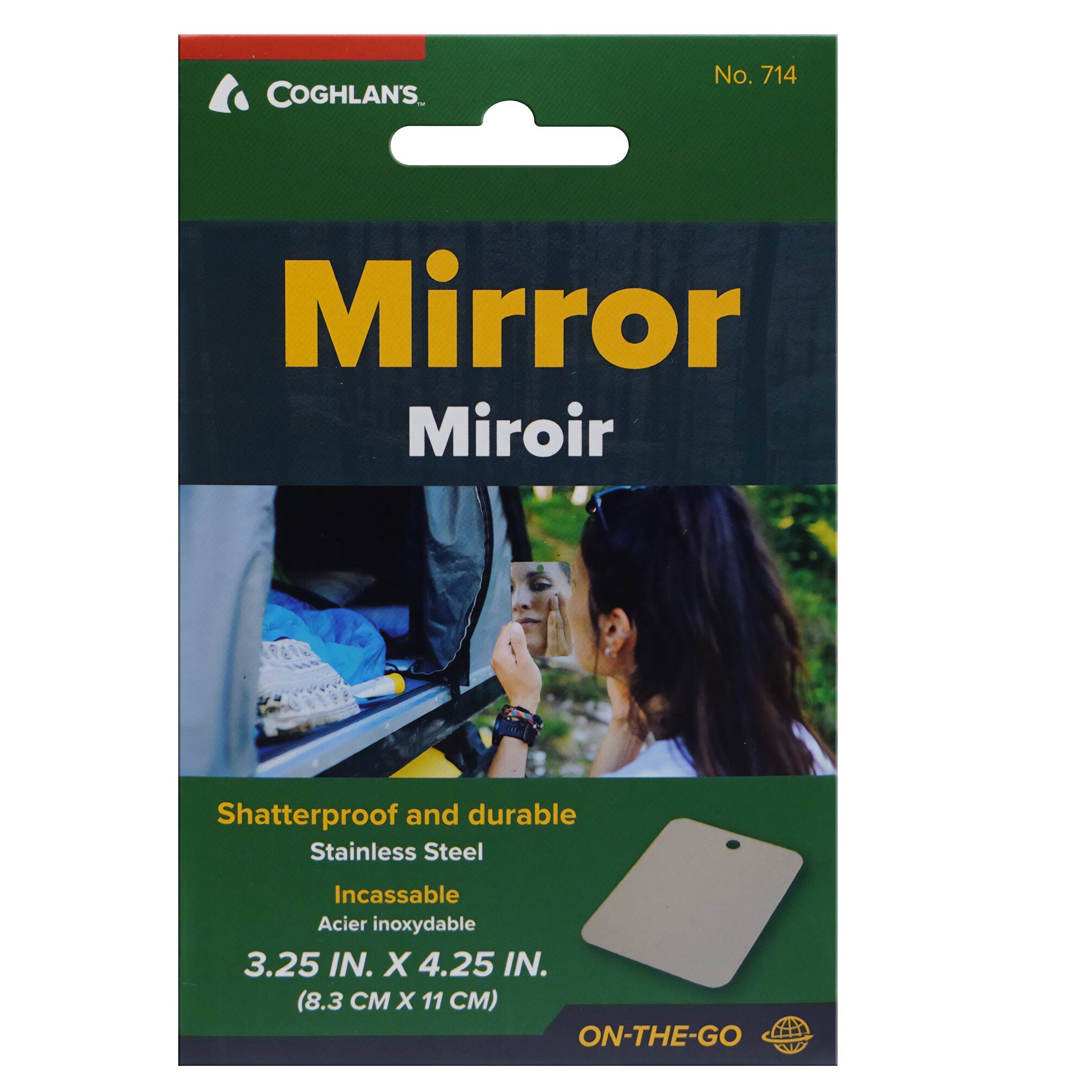 COGHLAN'S No. 714 Mirror Miroir Shatterproof and durable Stainless Steel Incassable Acier inoxydable 3.25 IN. X 4.25 IN. (8.3 x 11 CM) ON-THE-GO