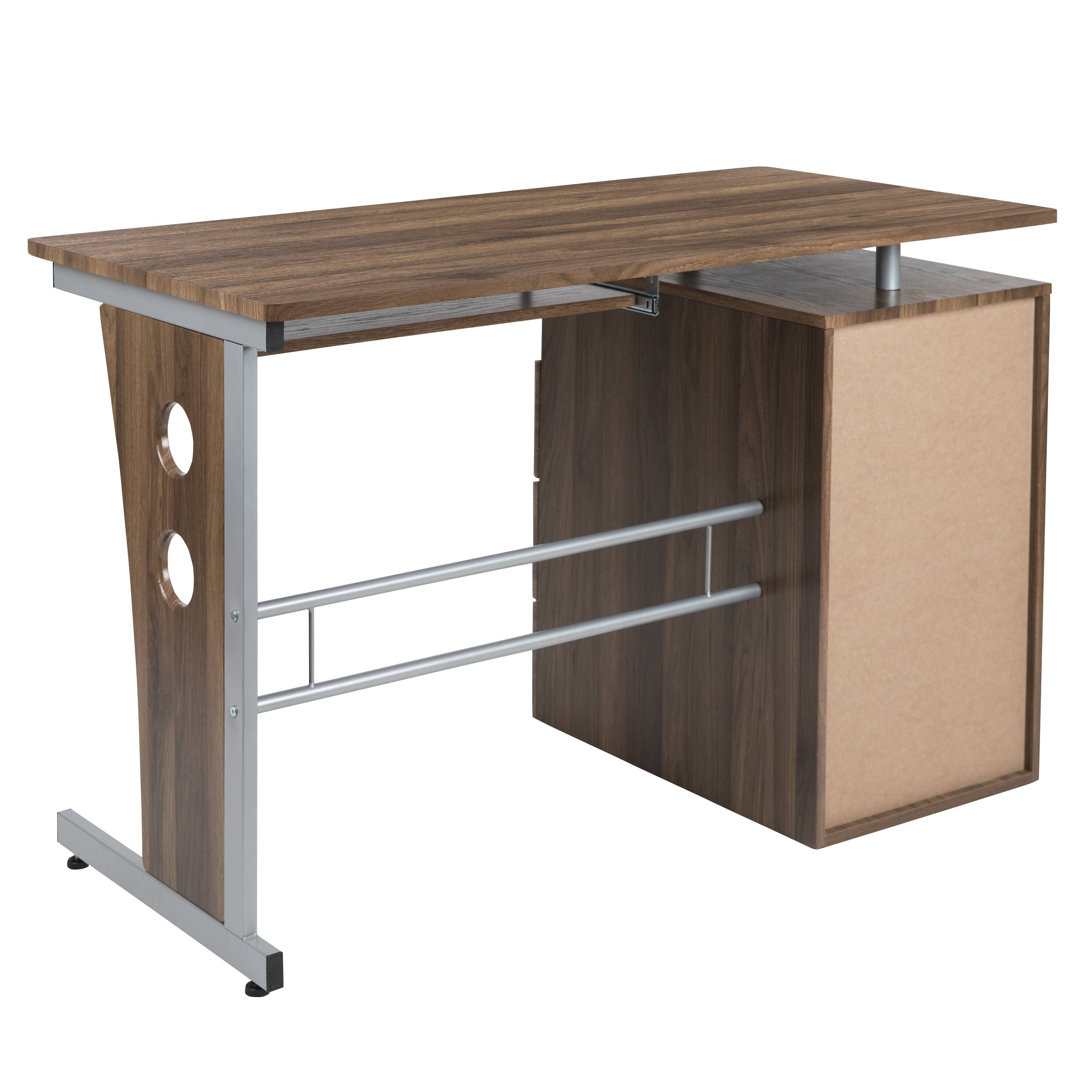Alt View 5. Emma + Oliver - Desk with Three Drawer Single Pedestal and Pull-Out Keyboard Tray - Rustic Walnut.