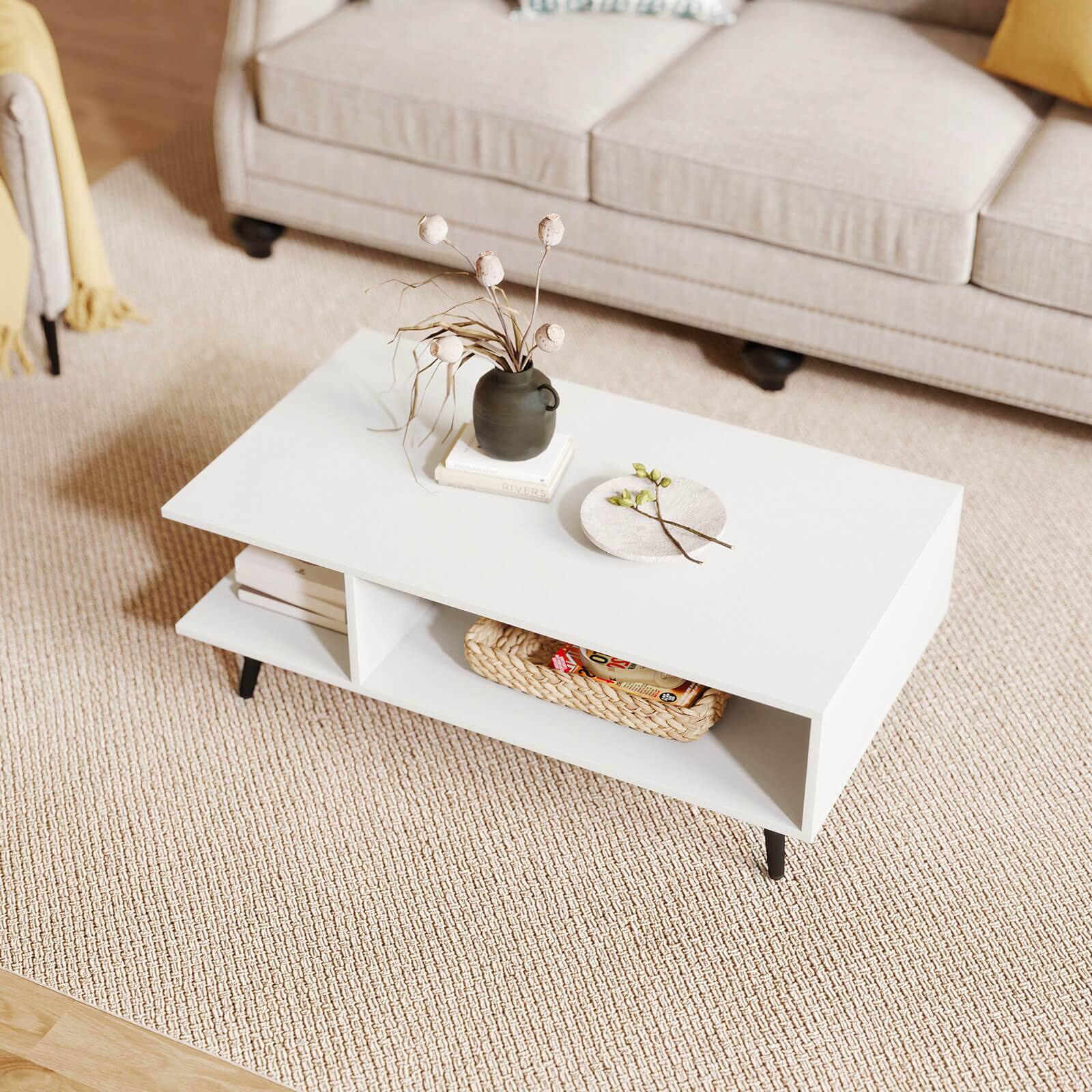 Alt View 3. Costway - Costway 2-Tier Coffee Table with Compartments & Metal Legs Rectangle Tea Cocktail Table - White & Black.