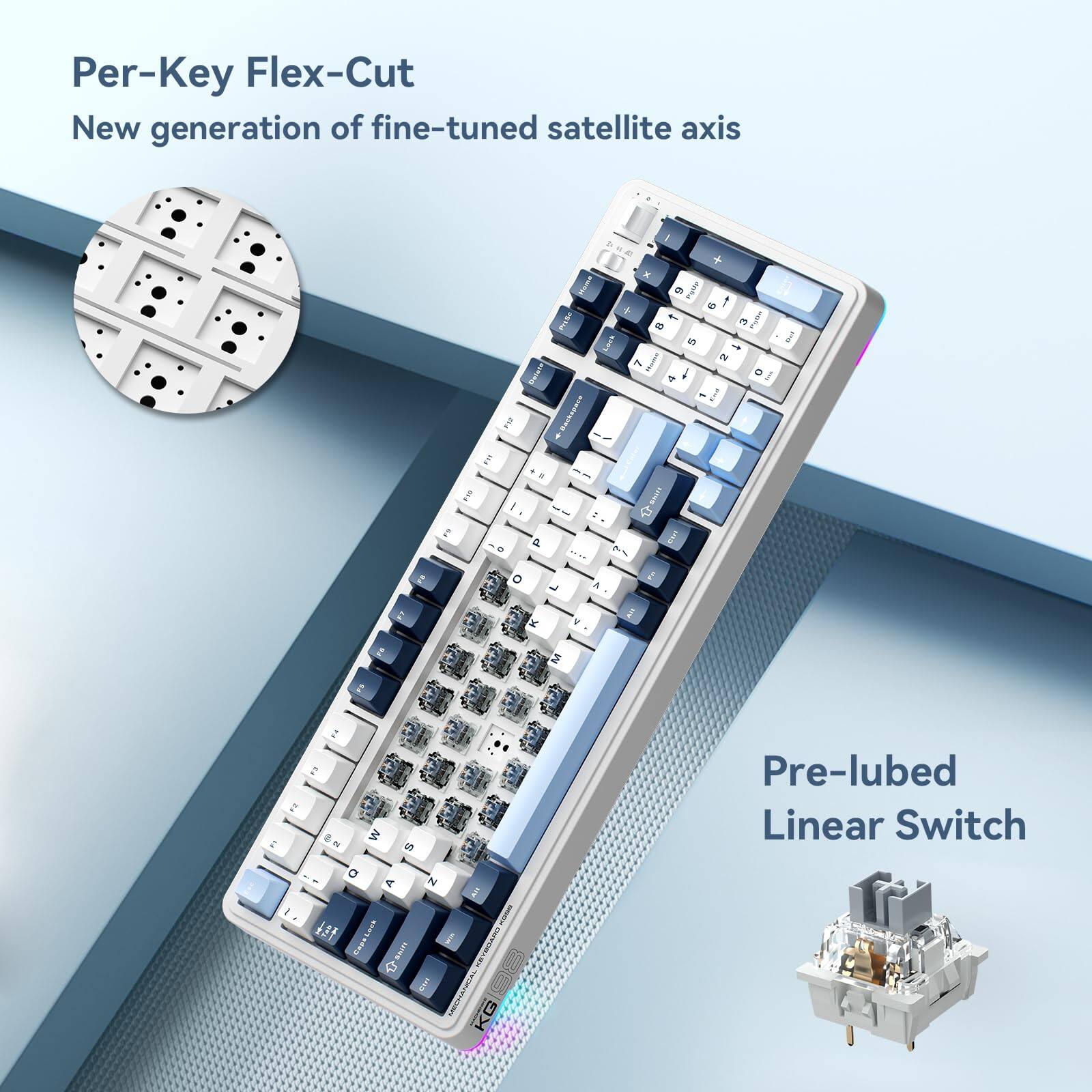 Per-Key Flex-Cut  
New generation of fine-tuned satellite axis  

Pre-lubed Linear Switch