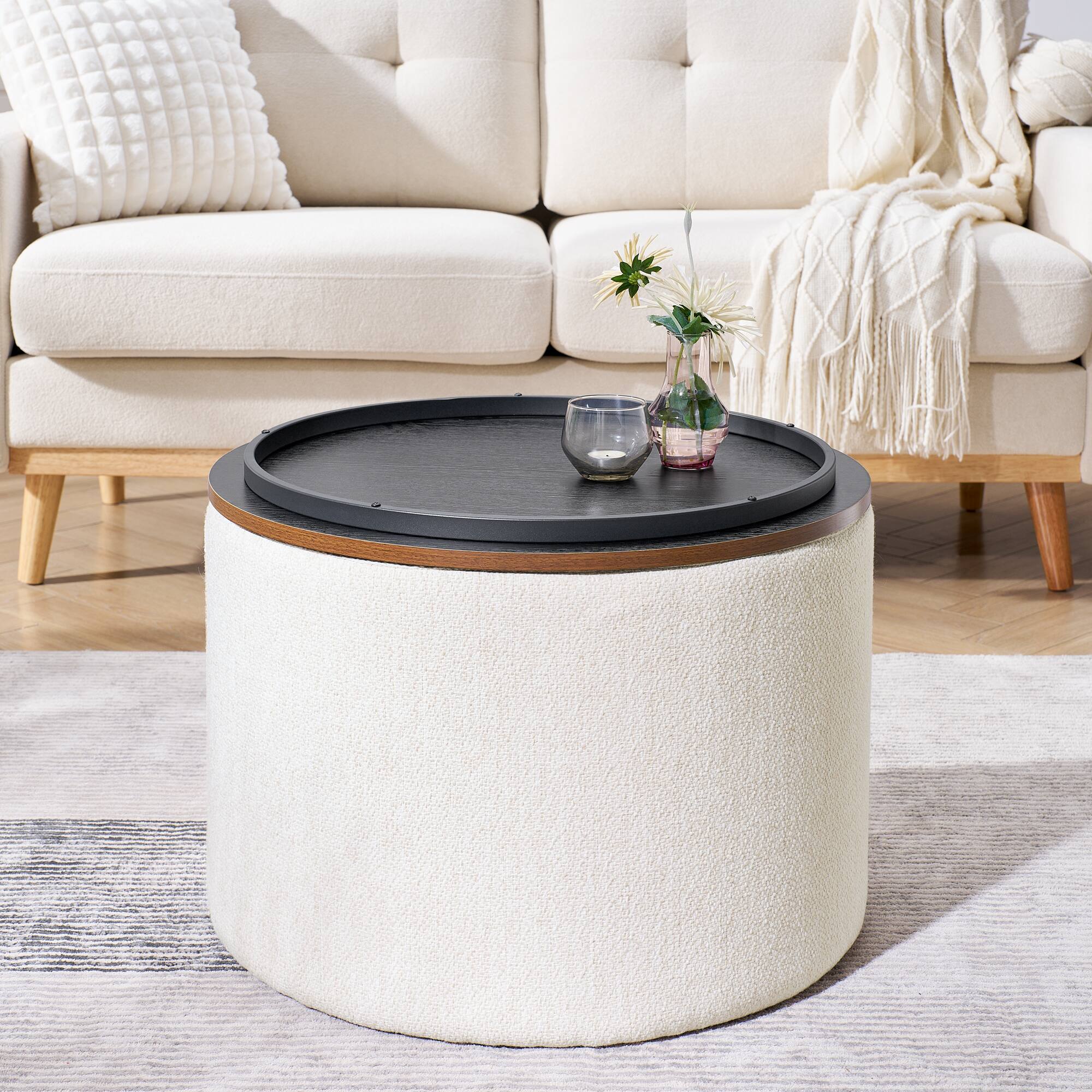 Alt View 2. GOODSILO - 2-Piece Round Storage Ottoman Set with Hidden Storage and Detachable Stool, Classic Design for Living Room and Bedroom - Beige.