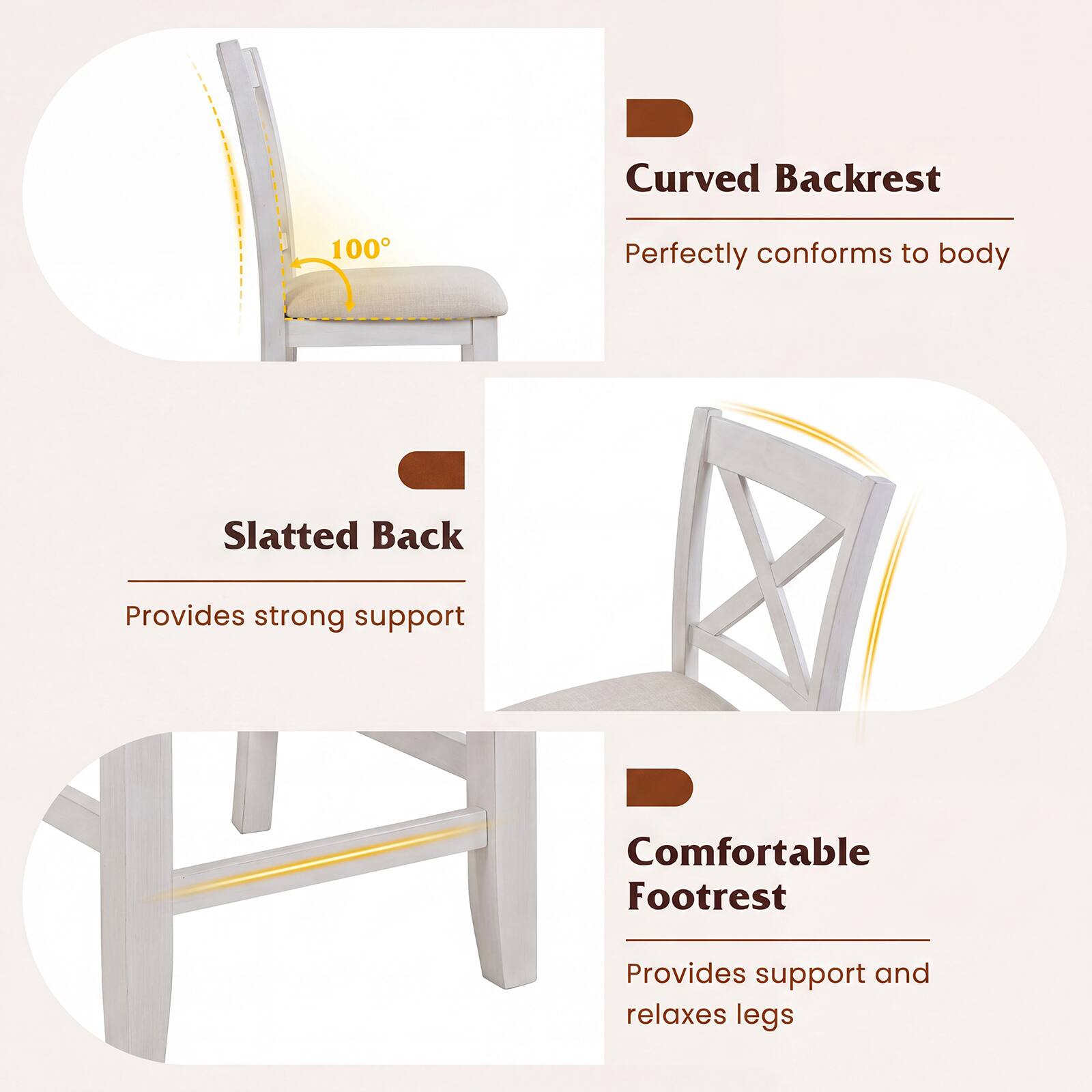 Curved Backrest  
Perfectly conforms to body  

Slatted Back  
Provides strong support  

Comfortable Footrest  
Provides support and relaxes legs