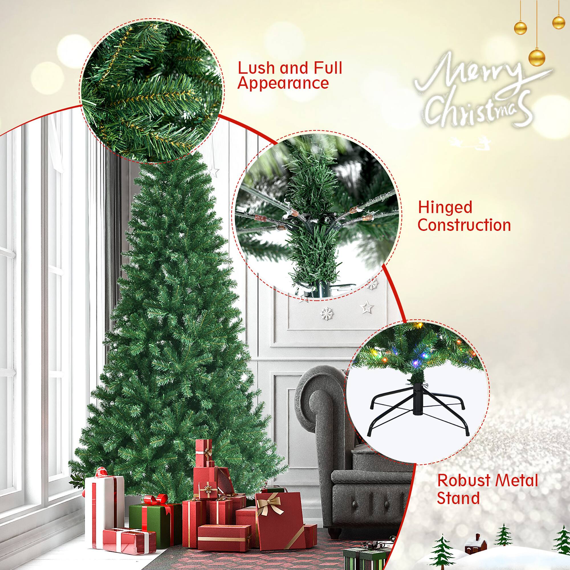 Lush and Full Appearance: The Christmas tree is decorated with many ornaments, giving it a full and lush appearance.

Merry Christmas: The image is promoting Christmas trees, suggesting that it is related to the holiday season.

Hinged Construction: The Christmas tree is constructed with hinges, allowing it to be easily assembled and disassembled.

Robust Metal Stand: The Christmas tree is placed on a sturdy metal stand, providing stability and support for the tree.