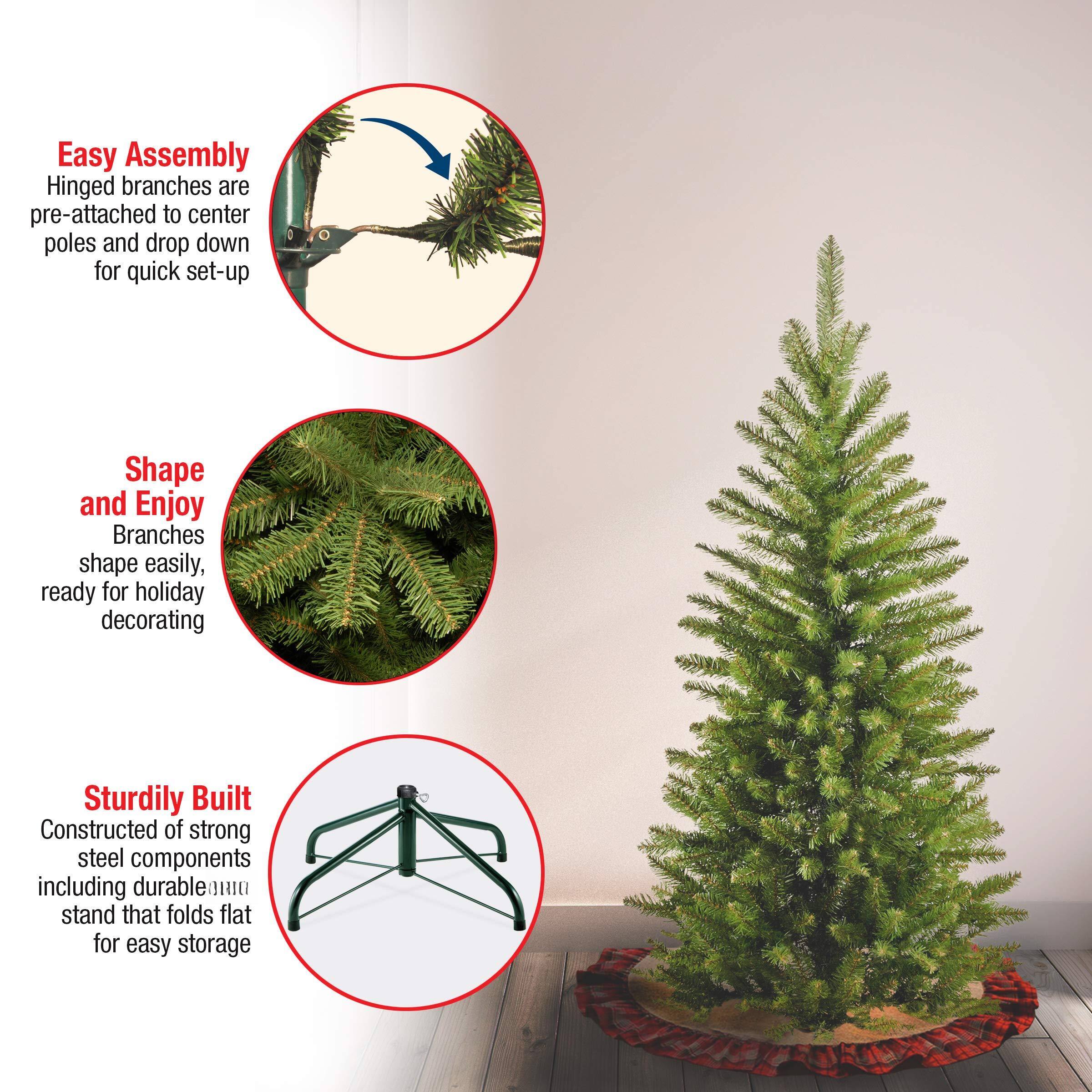 Easy Assembly  
Hinged branches are pre-attached to center poles and drop down for quick set-up  

Shape and Enjoy  
Branches shape easily, ready for holiday decorating  

Sturdily Built  
Constructed of strong steel components including durable stand that folds flat for easy storage
