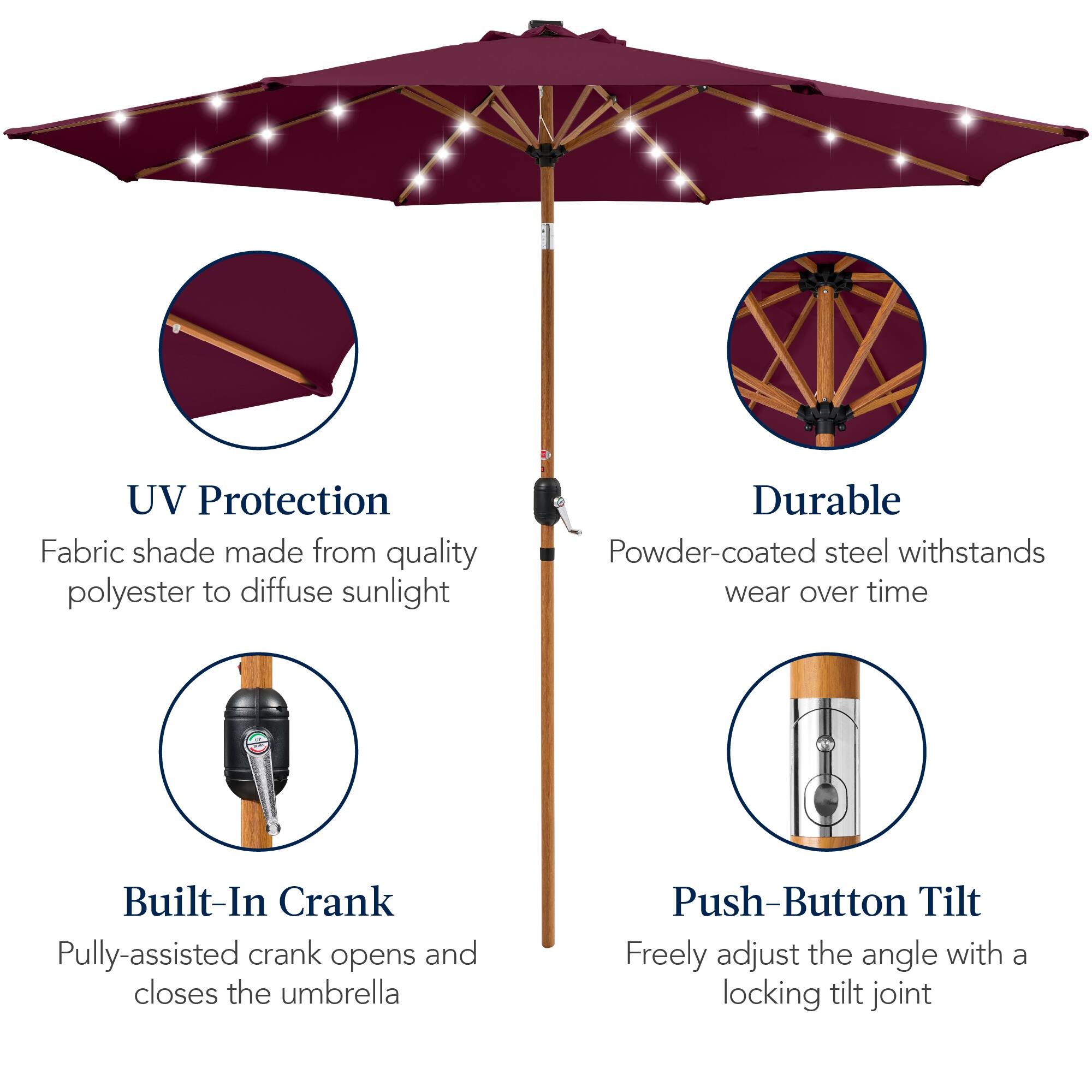 UV Protection: Fabric shade made from quality polyester to diffuse sunlight.

Durable: Powder-coated steel withstands wear over time.

Built-In Crank: Pulley-assisted crank opens and closes the umbrella.

Push-Button Tilt: Freely adjust the angle with a locking tilt joint.