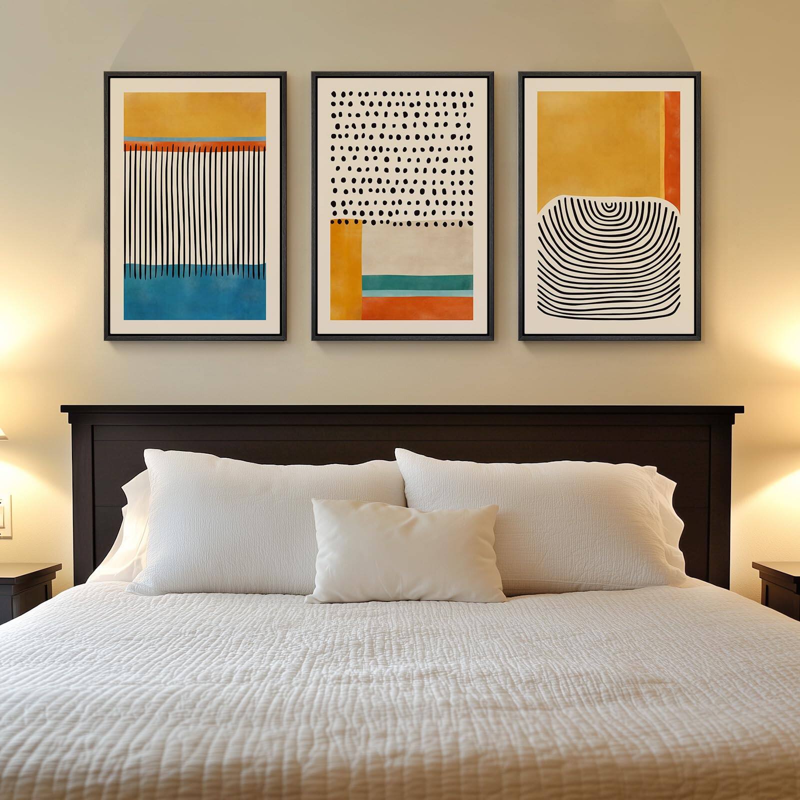 Alt View 3. Hirose Alice - Framed Mid-century Modern Canvas Prints Paintings Artwork for Walls Bright Yellow Block Lines Pictures for - Boho-Beige 16" W x 24" H x 3Pcs.