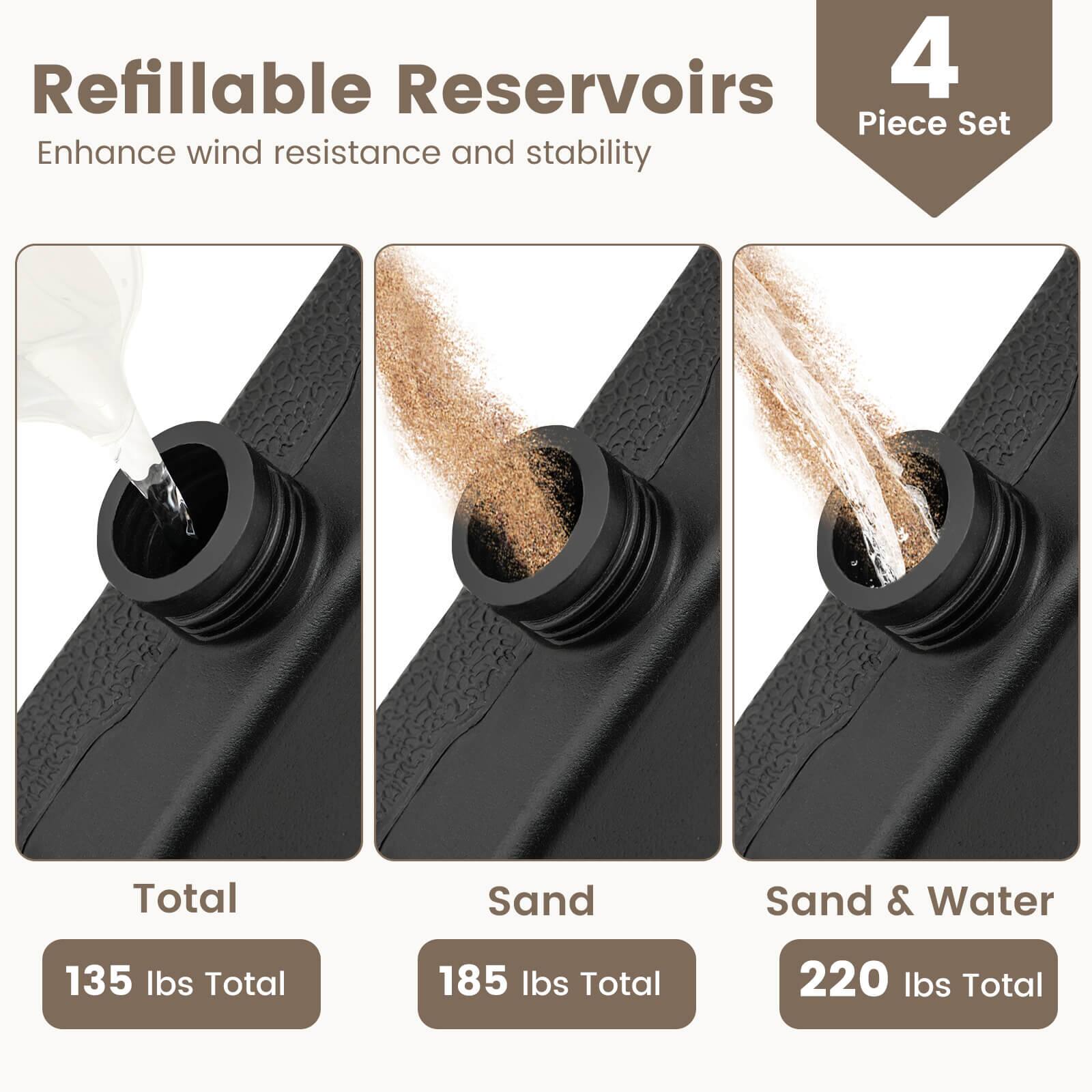 Refillable Reservoirs 4 Piece Set Enhance wind resistance and stability

- Total: 135 lbs Total
- Sand: 185 lbs Total
- Sand & Water: 220 lbs Total