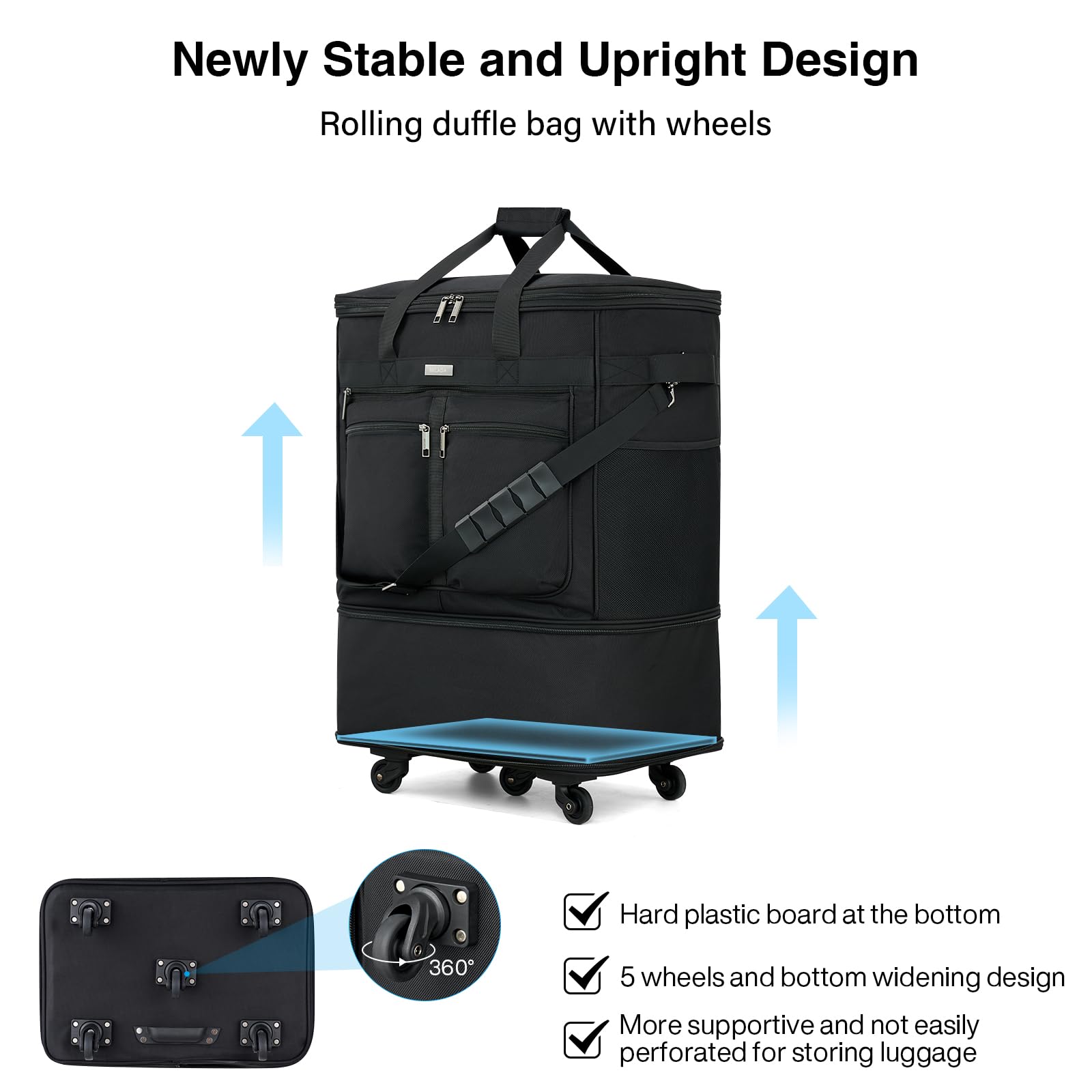 Newly Stable and Upright Design  
Rolling duffle bag with wheels  

- Hard plastic board at the bottom  
- 5 wheels and bottom widening design  
- More supportive and not easily perforated for storing luggage  

360°