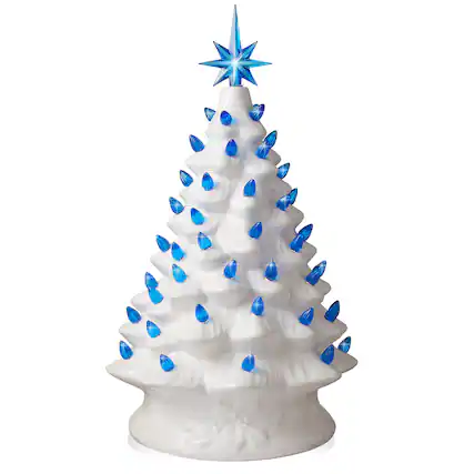 Front. Casafield - 15-in Hand Painted Ceramic Christmas Tree - Pre-Lit Tree with Star - White Pink Blue Lights.