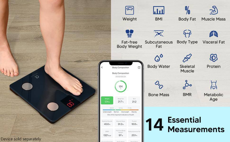 Weight, BMI, % Body Fat, Muscle Mass, Fat-free Body Weight, Subcutaneous Fat, Body Type, Visceral Fat, Body Composition, Body Water, Skeletal Muscle, Protein, Bone Mass, BMR, Metabolic Age, Device sold separately, 124, 2022/08/24, 00, 21.7, 21.2, Underweight, Normal, Overweight, Obesity, One of the important indicators of health, 45.6%, 91.2, 18.8%, 14, BMR, Body Subcutaneous, Measurements, 1321, Acal, 97, 201%