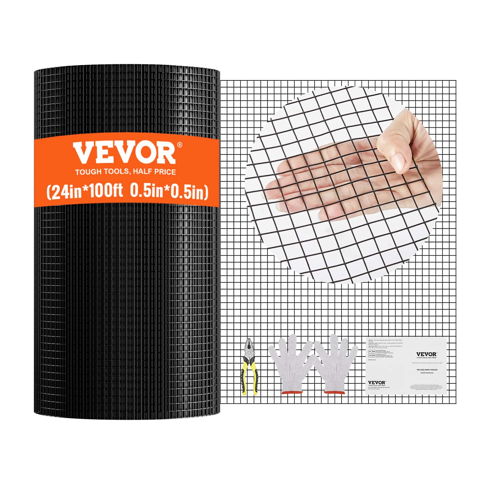 VEVOR - Hardware Cloth, 24'' x 100' Galvanized Wire Mesh Roll, 19 Gauge Chicken Wire Fence Roll, Vinyl Coating Metal Wire Mesh - Black